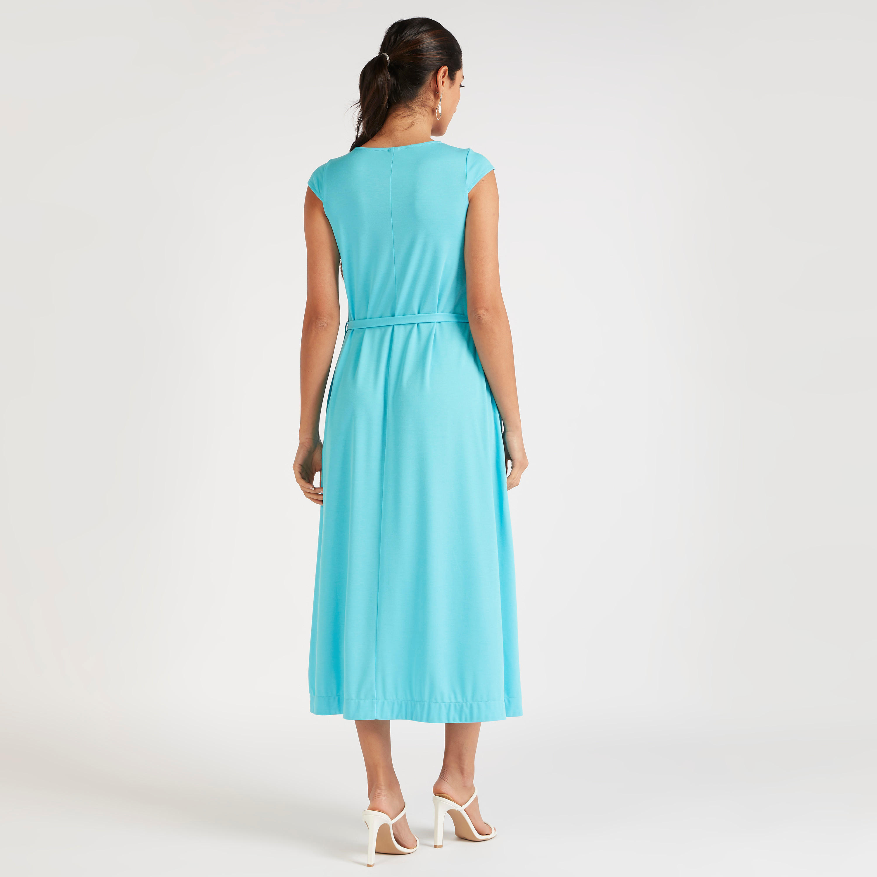 فستان ميدي إيه لاين سادة بأكمام كاب وحزام رباط-women-clothing-dresses-image-4