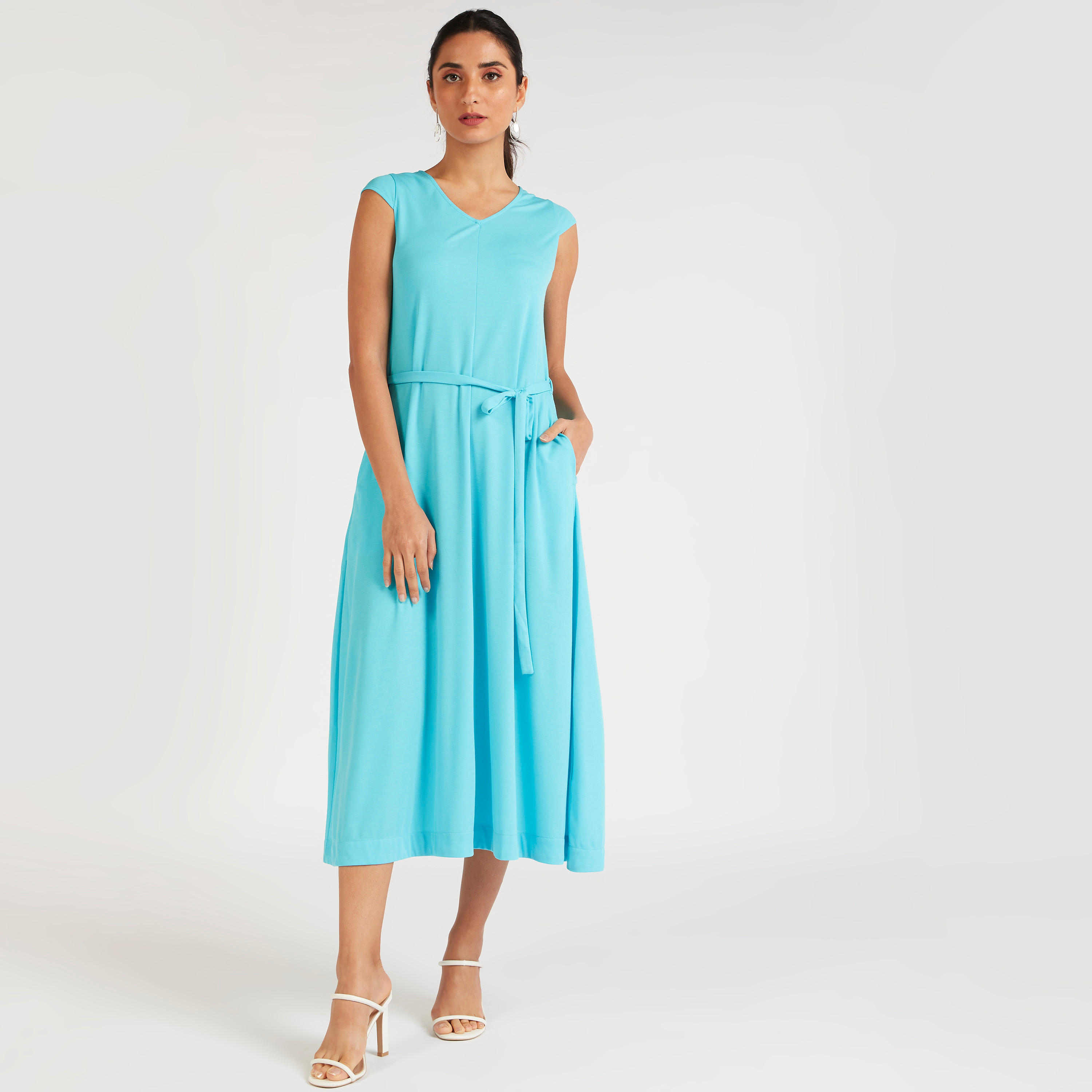 فستان ميدي إيه لاين سادة بأكمام كاب وحزام رباط-women-clothing-dresses-image-6