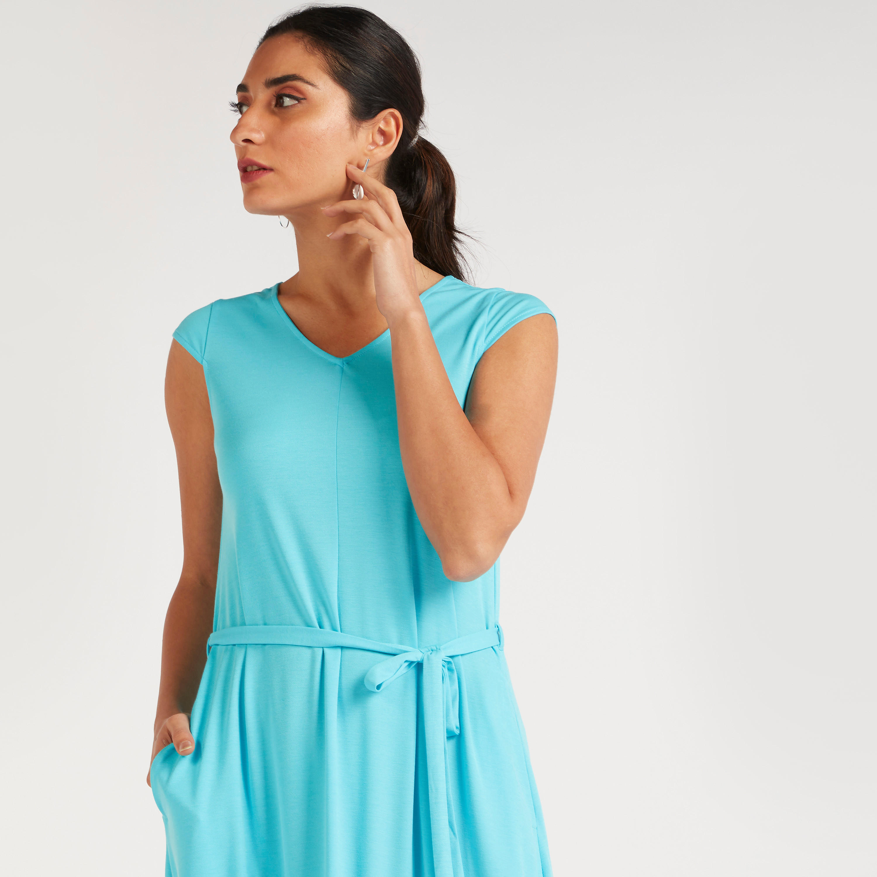 فستان ميدي إيه لاين سادة بأكمام كاب وحزام رباط-women-clothing-dresses-image-7