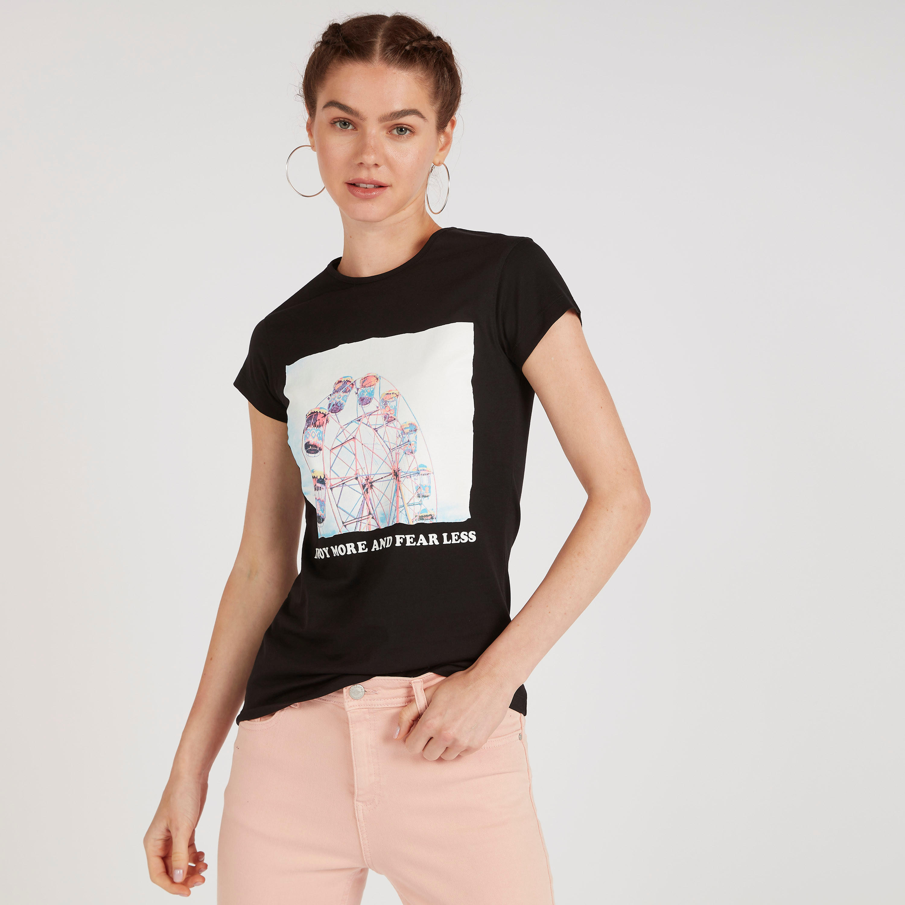 Printed T-shirt with Cap Sleeves and Crew Neck-women-clothing-tshirts-image-1