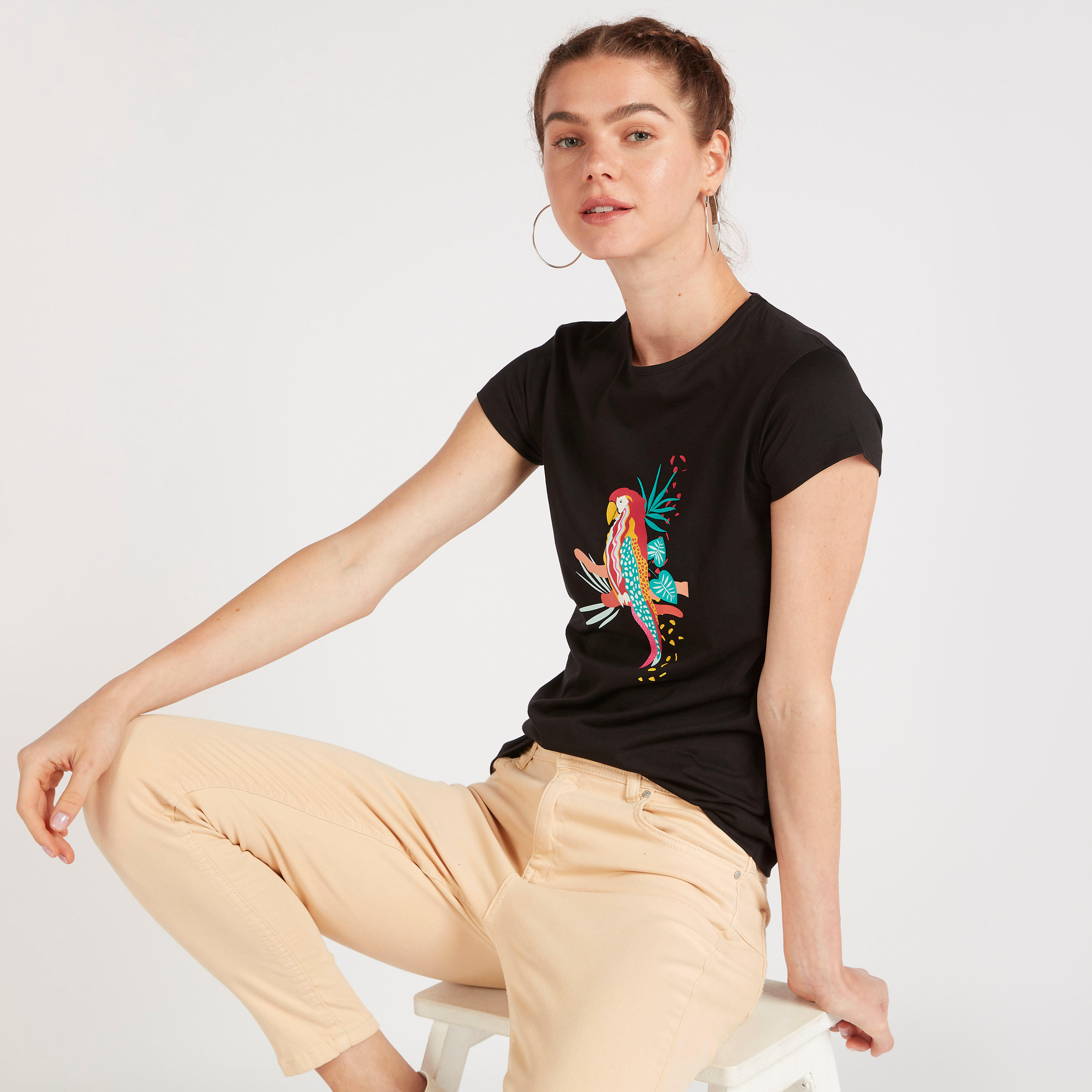 Printed Crew Neck T-shirt with Cap Sleeves-women-clothing-tshirts-image-1