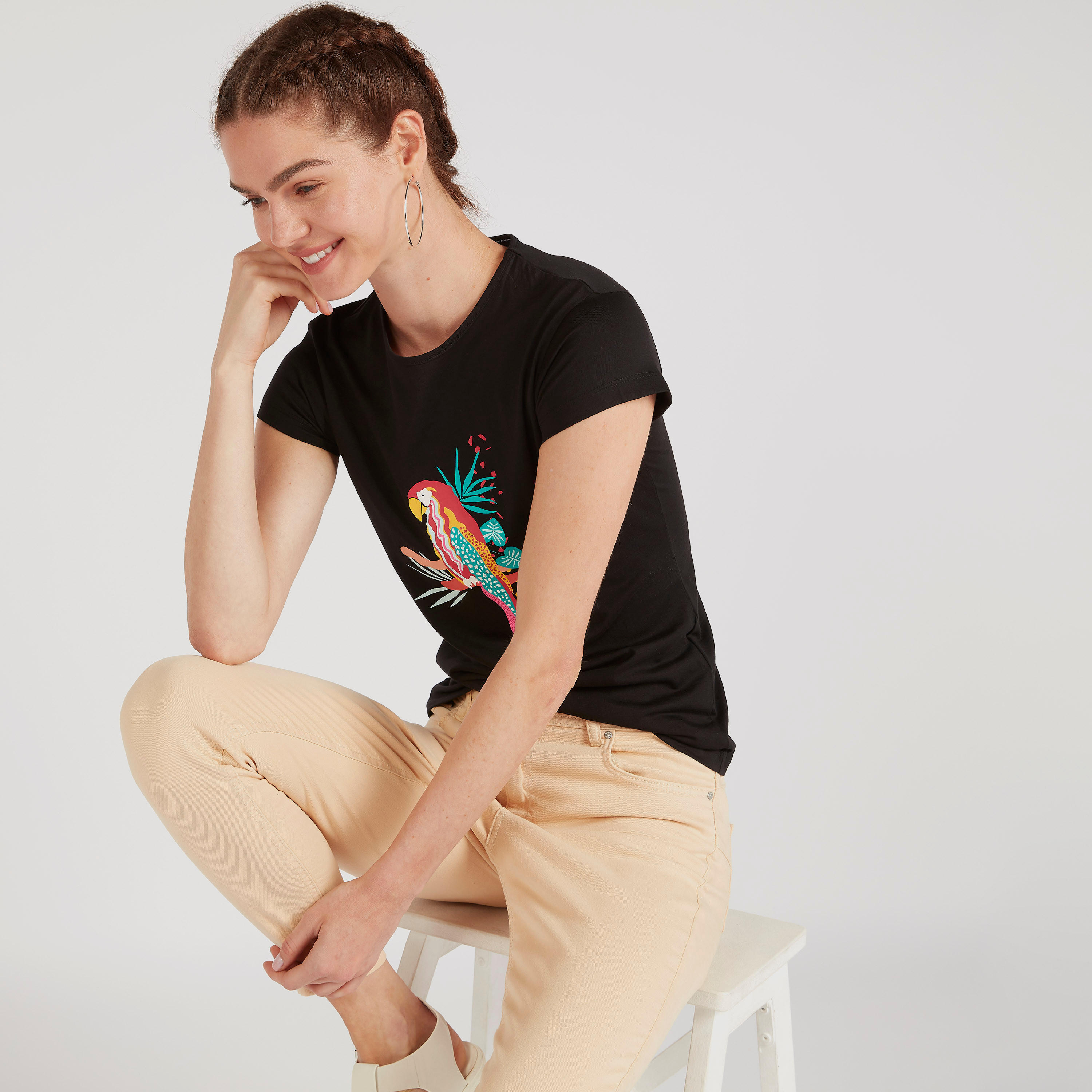 Printed Crew Neck T-shirt with Cap Sleeves-women-clothing-tshirts-image-6