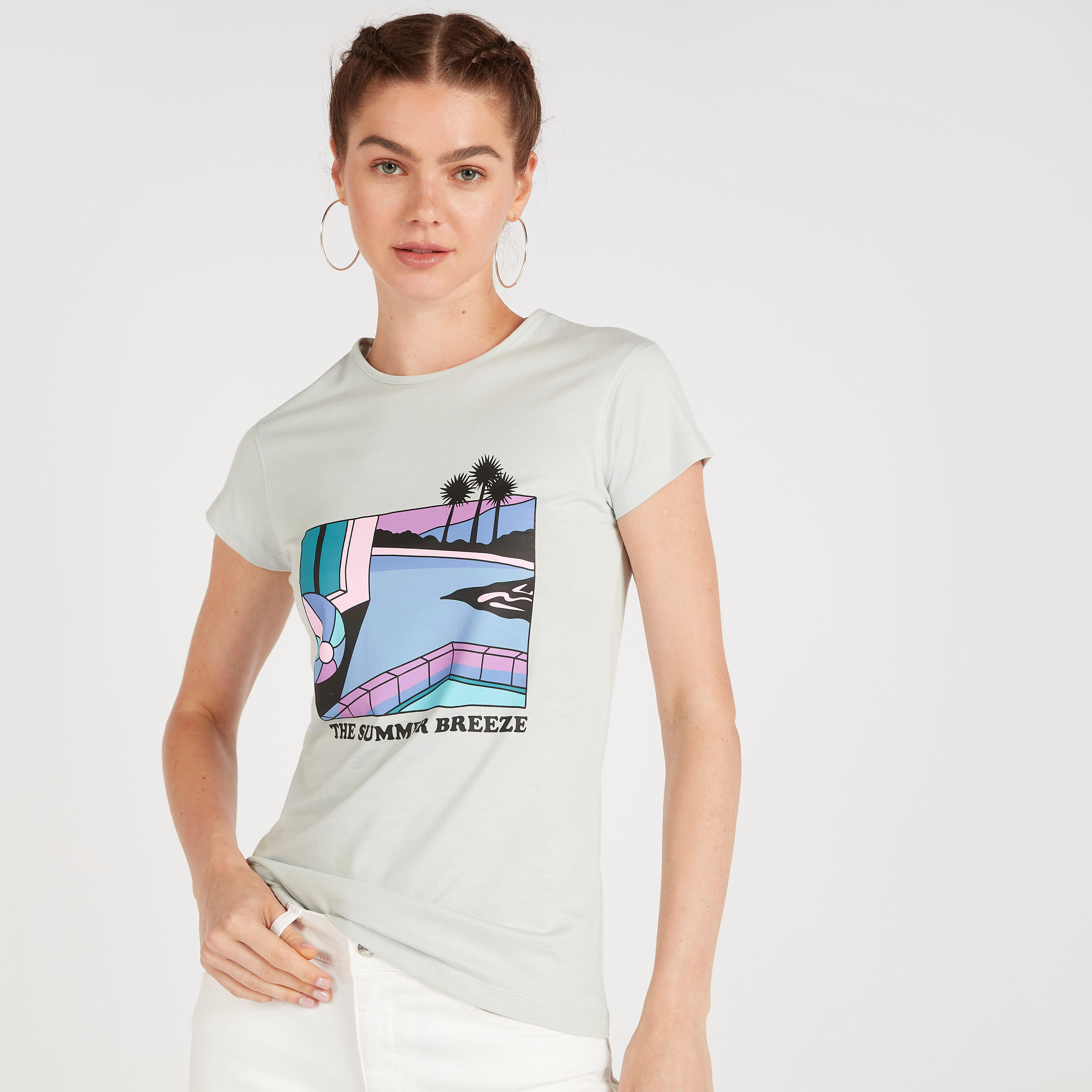 Printed Crew Neck T-shirt with Cap Sleeves-women-clothing-tshirts-image-1