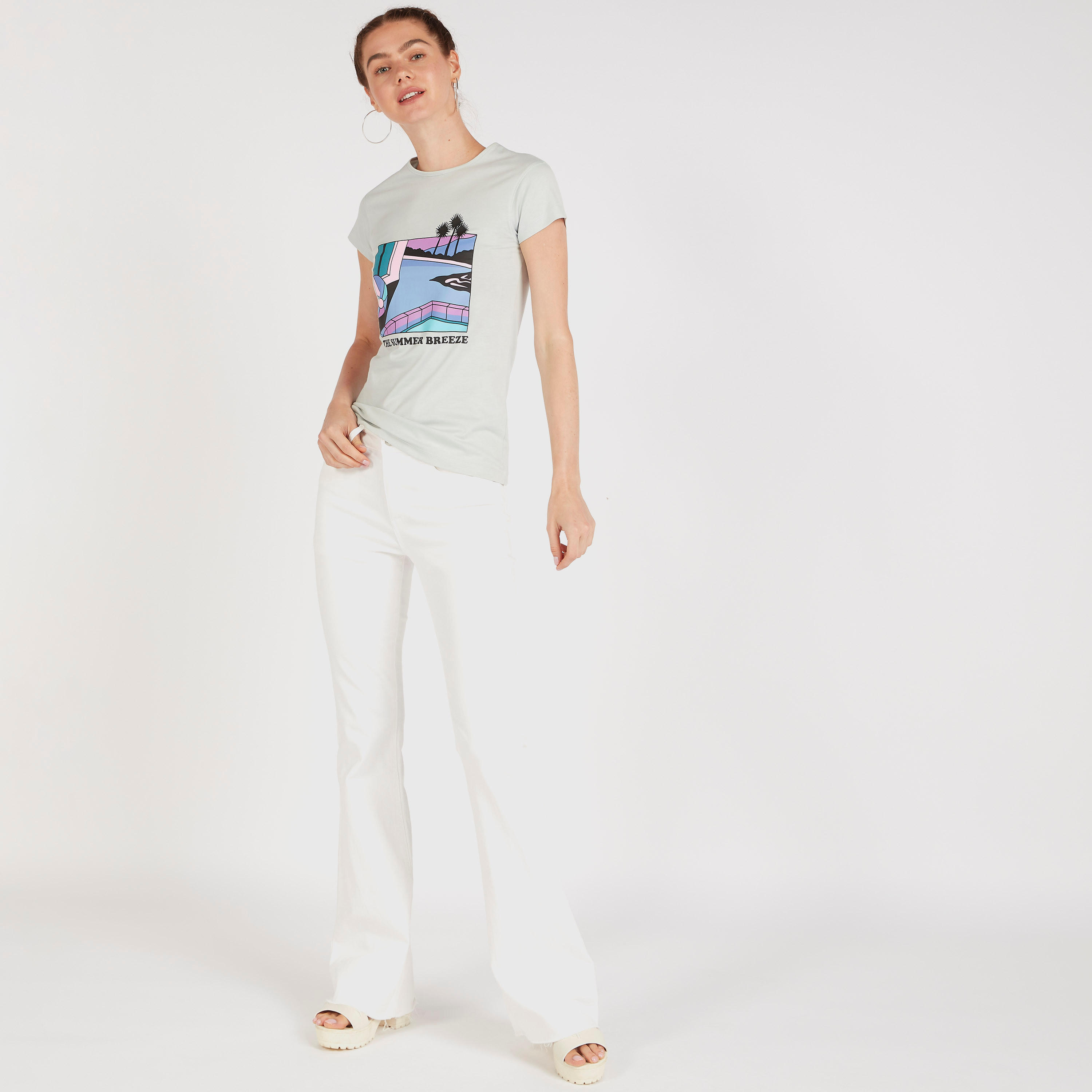 Printed Crew Neck T-shirt with Cap Sleeves-women-clothing-tshirts-image-2