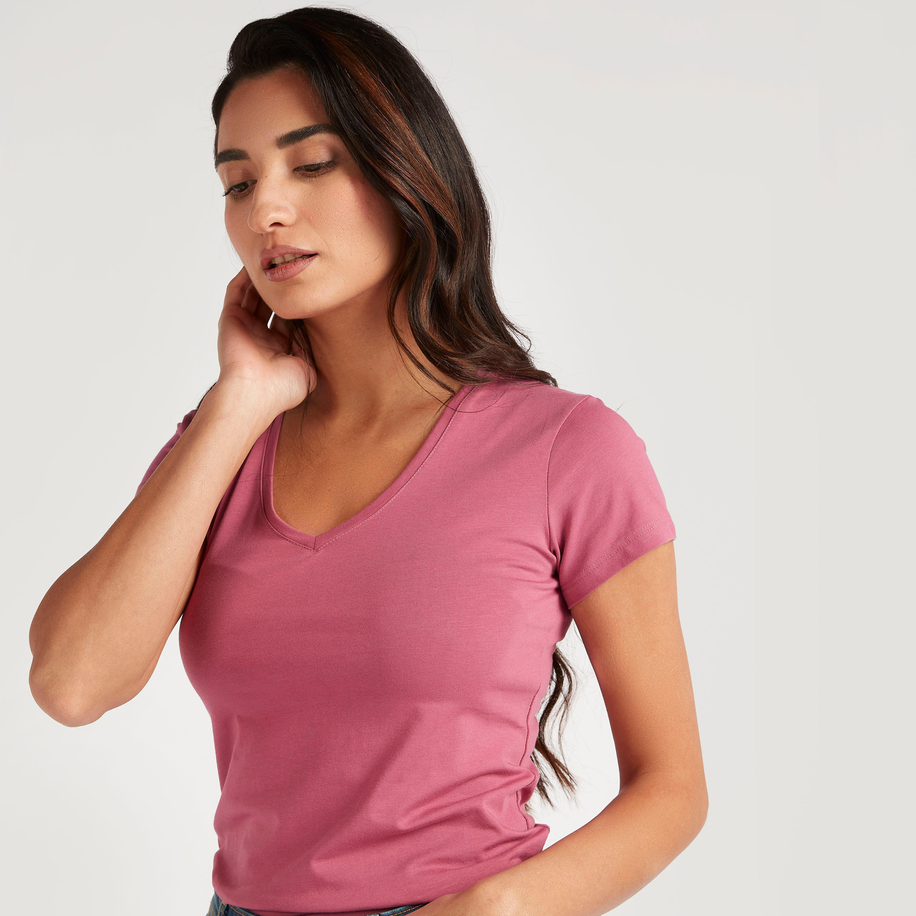تيشيرت سادة بياقة V وأكمام كاب-women-clothing-tshirts-image-5