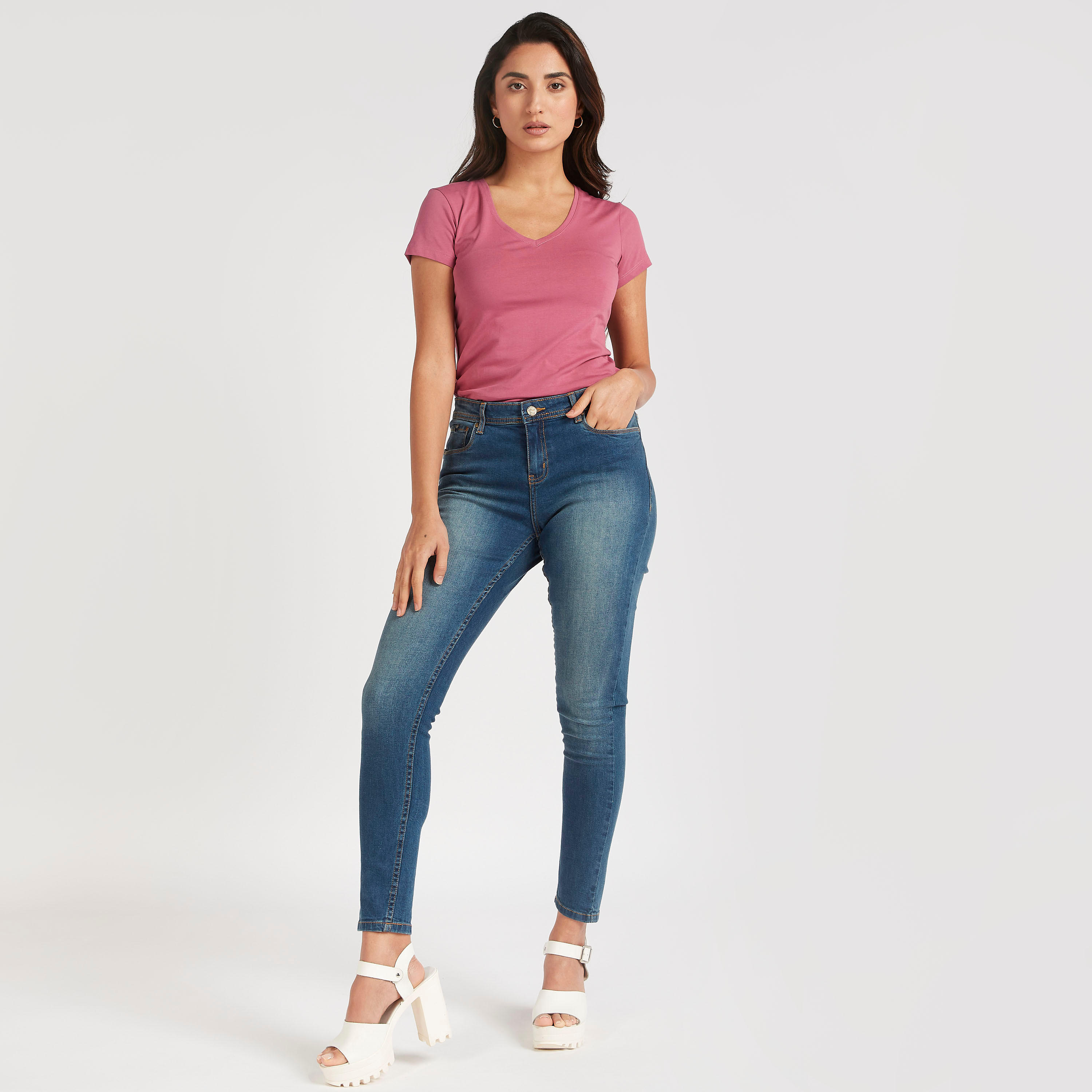 تيشيرت سادة بياقة V وأكمام كاب-women-clothing-tshirts-image-4