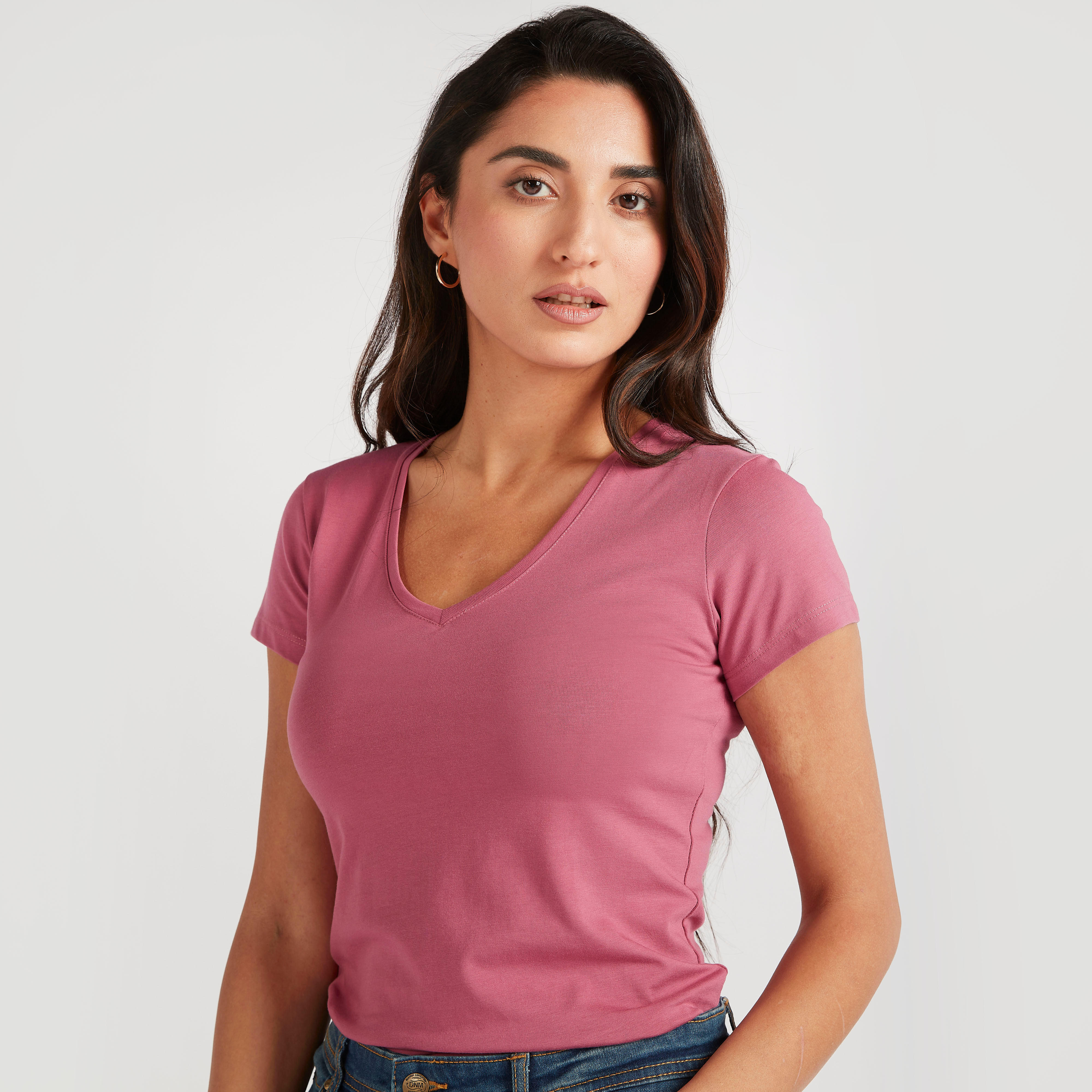 تيشيرت سادة بياقة V وأكمام كاب-women-clothing-tshirts-image-1