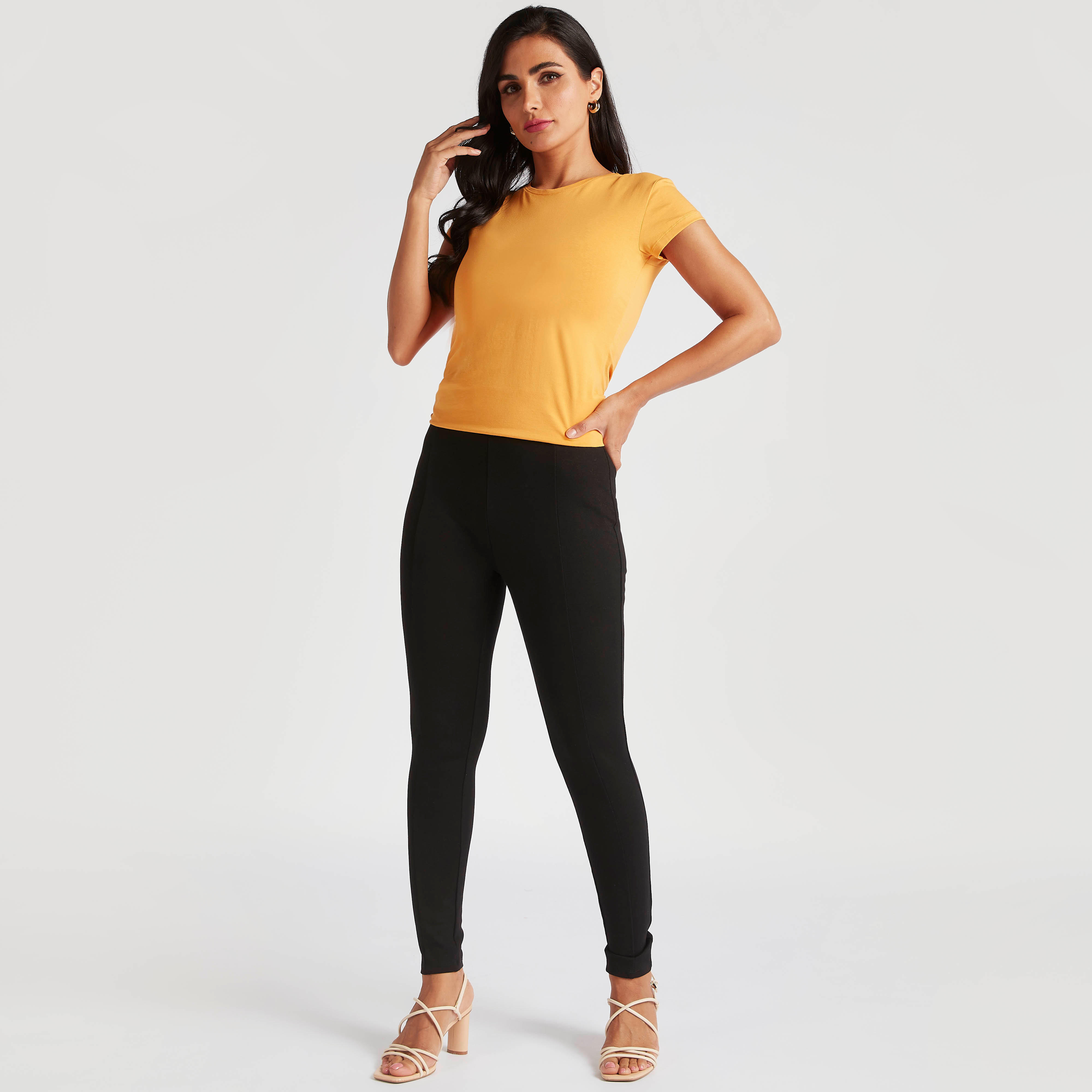 Solid T-shirt with Crew Neck and Cap Sleeves-women-clothing-tshirts-image-2