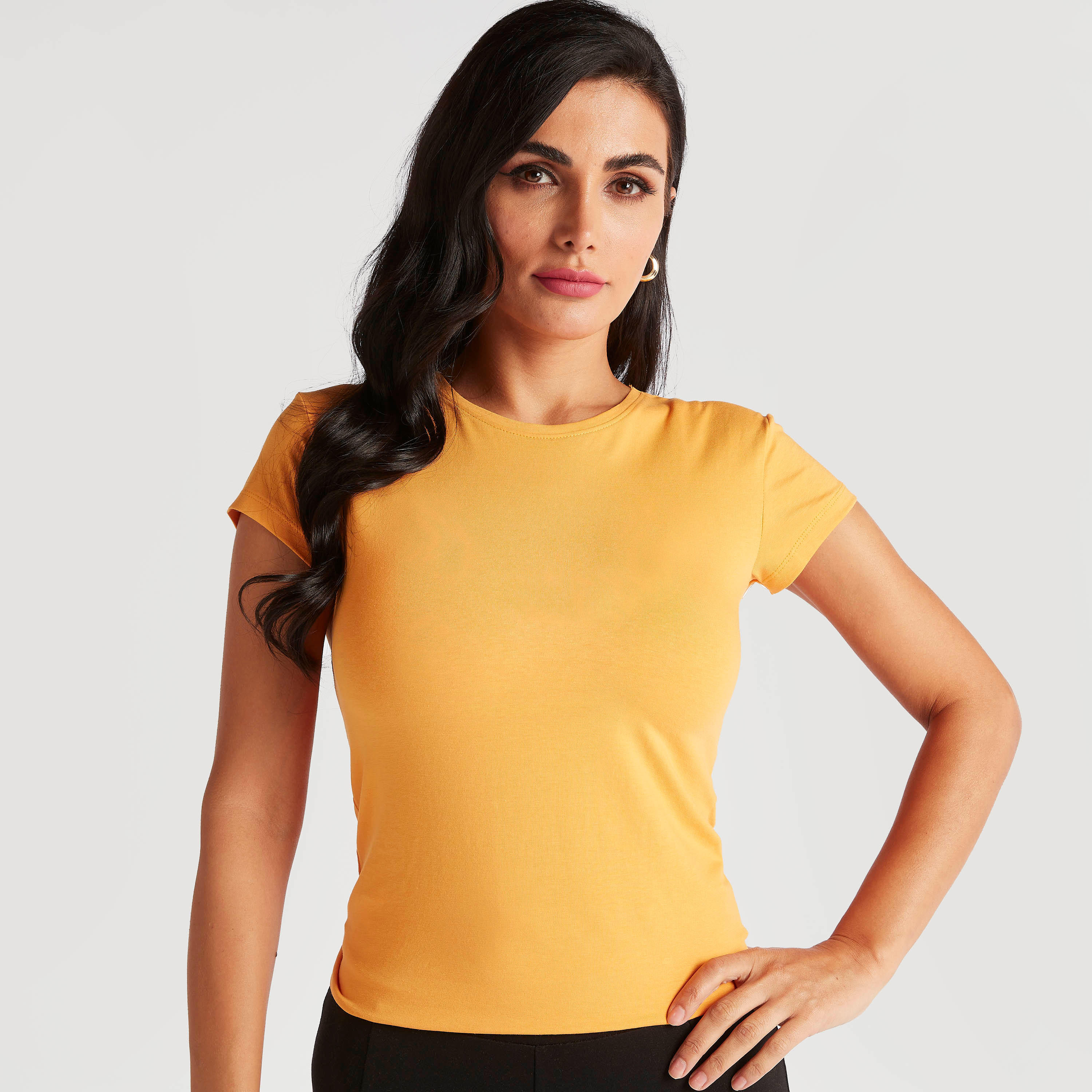 Solid T-shirt with Crew Neck and Cap Sleeves-women-clothing-tshirts-image-3