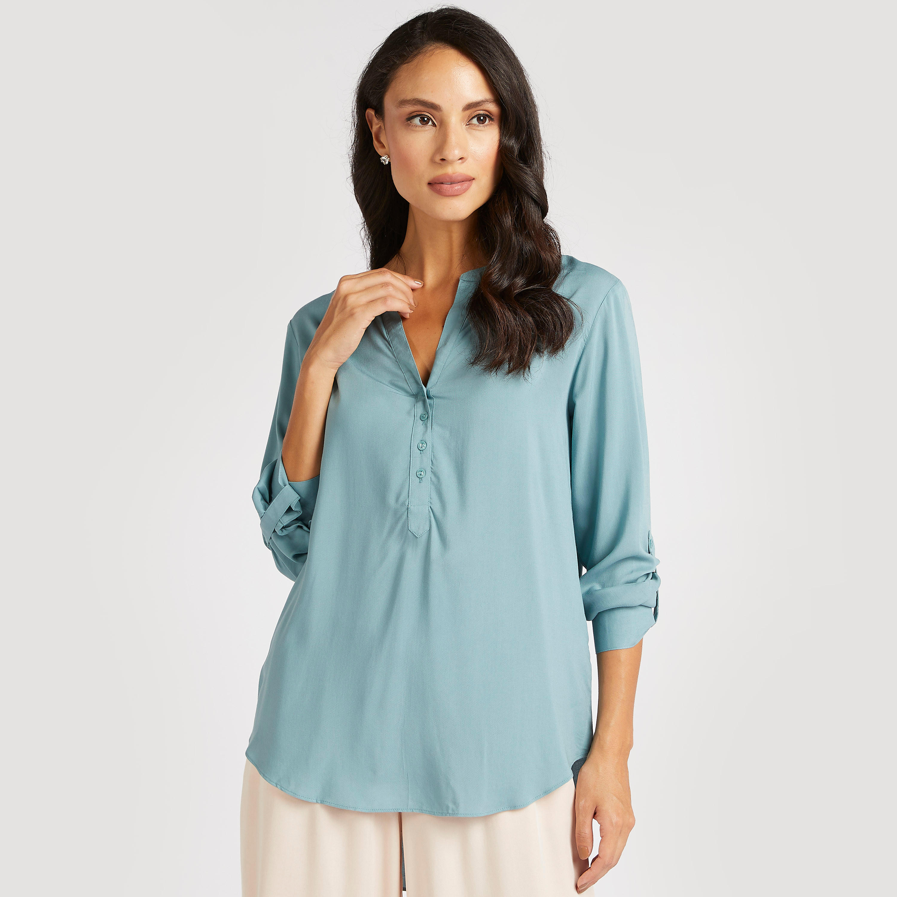 Solid V-neck Top with Long Sleeves and High Low Hem-women-clothing-shirtsandblouses-blouses-image-1