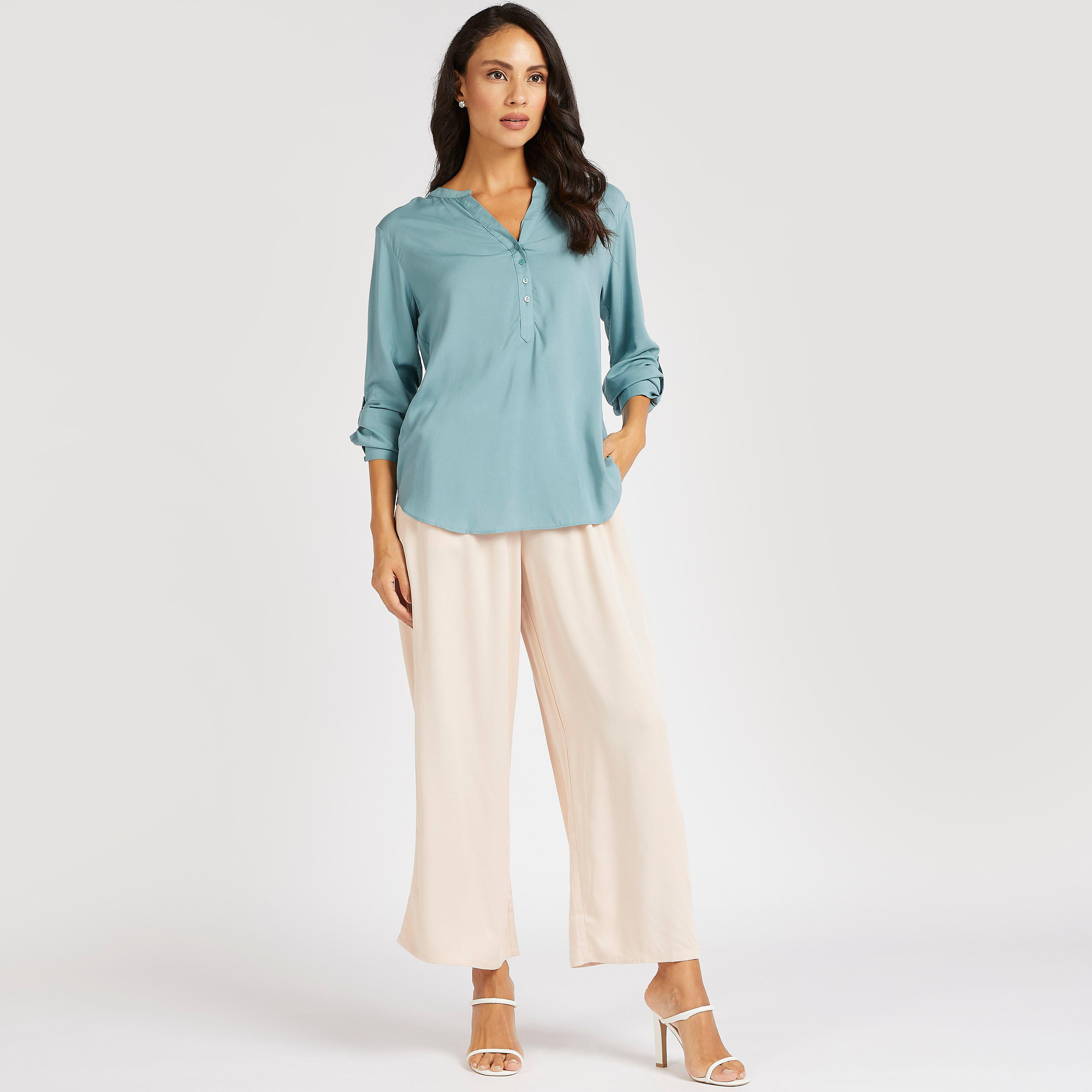 Solid V-neck Top with Long Sleeves and High Low Hem-women-clothing-shirtsandblouses-blouses-image-2