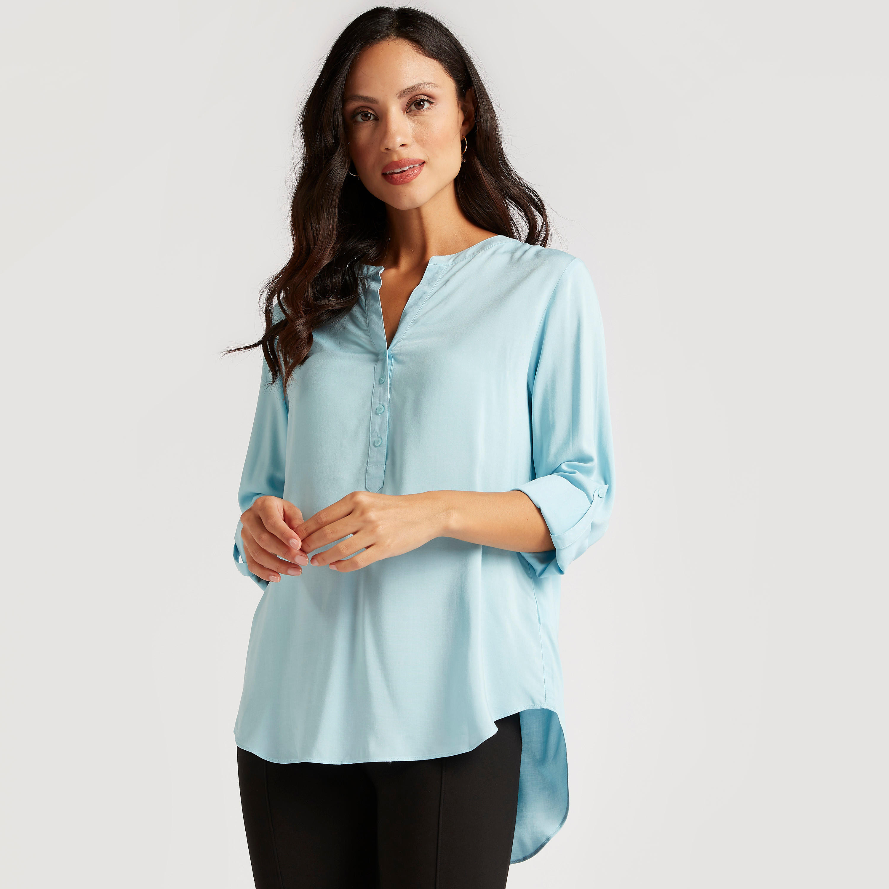 Solid Split Neck Top with High-Low Hem and Long Sleeves-women-clothing-shirtsandblouses-blouses-image-1