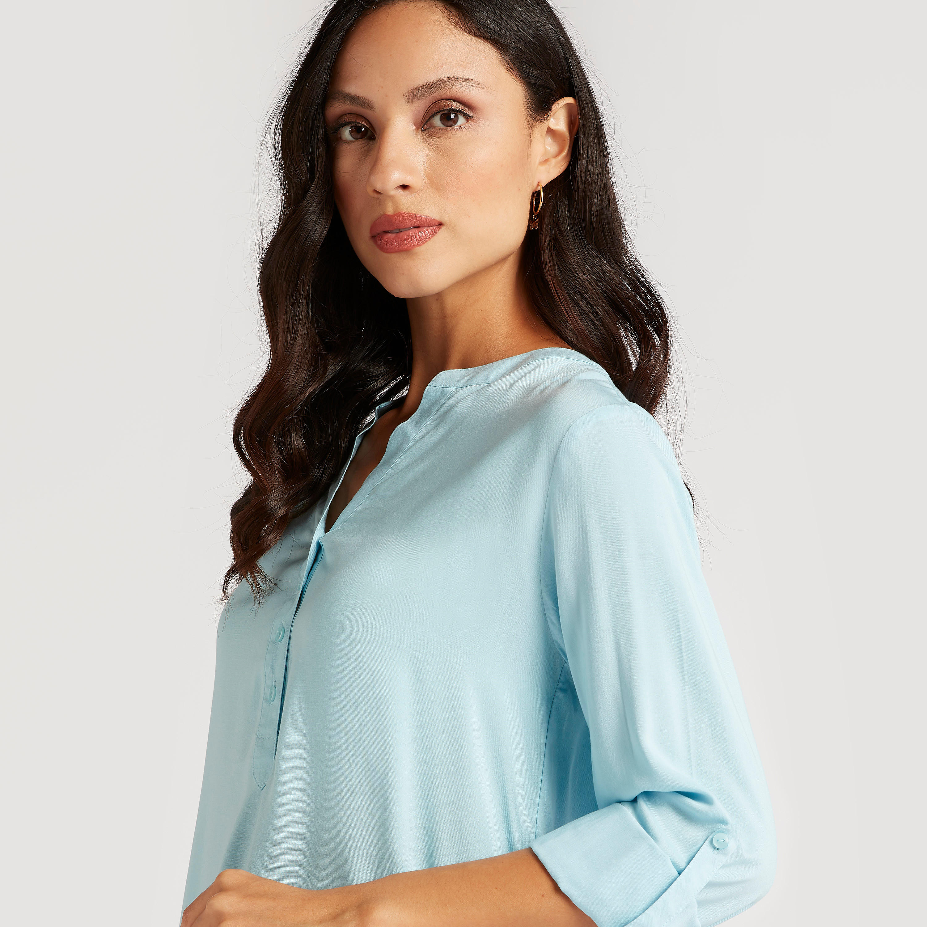 Solid Split Neck Top with High-Low Hem and Long Sleeves-women-clothing-shirtsandblouses-blouses-image-3