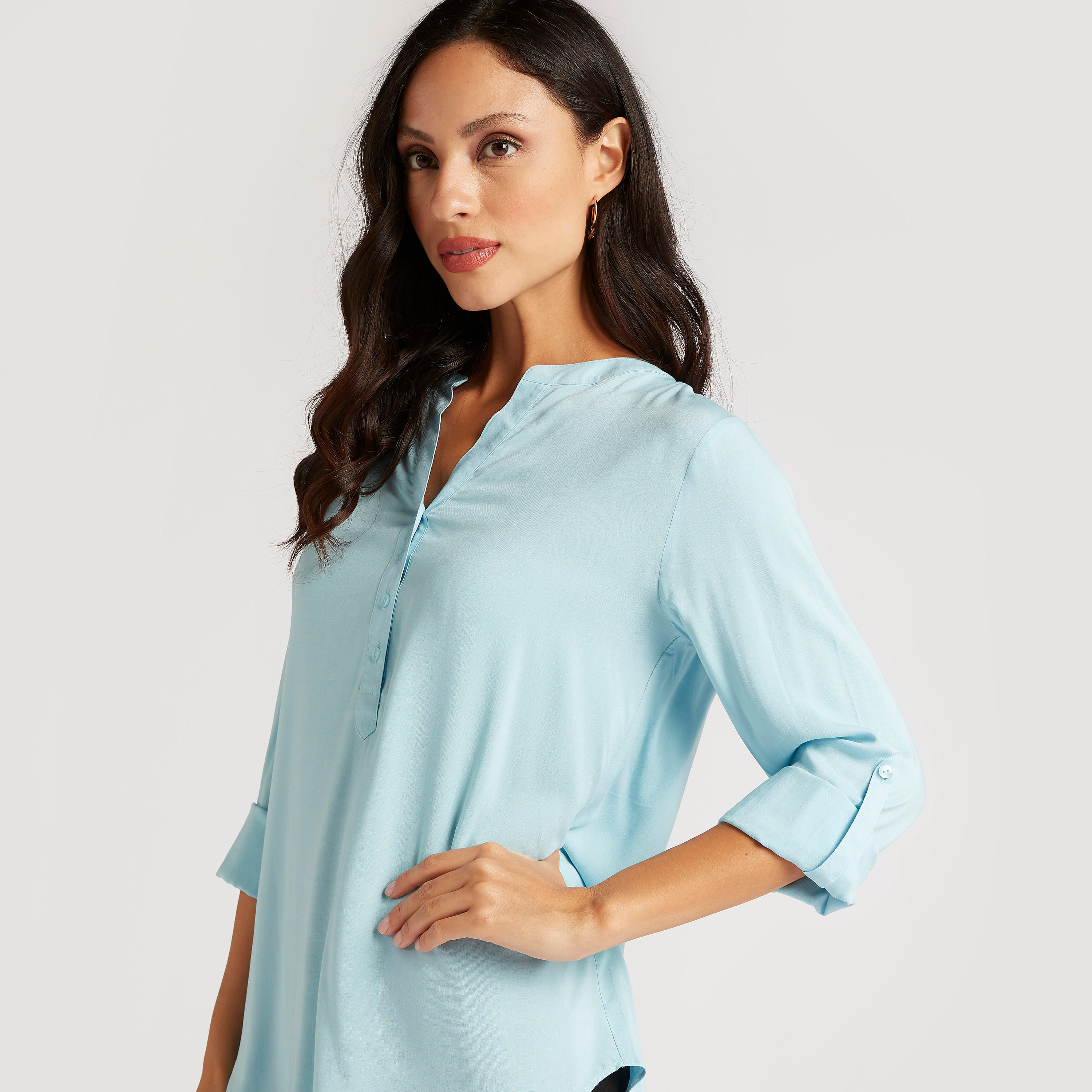 Solid Split Neck Top with High-Low Hem and Long Sleeves-women-clothing-shirtsandblouses-blouses-image-5