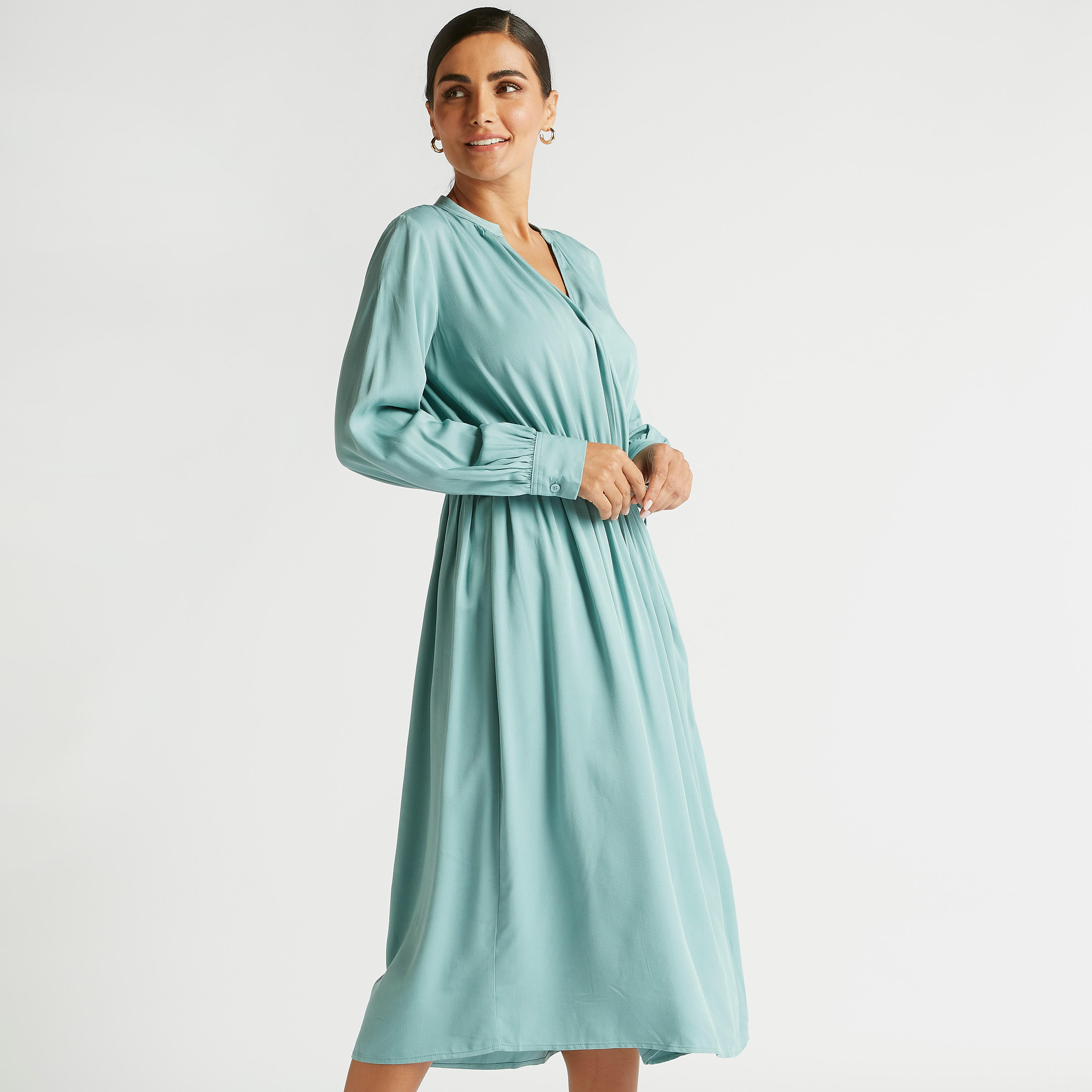 فستان إيه لاين ميدي سادة بياقة v وأكمام طويلة-women-clothing-dresses-image-1
