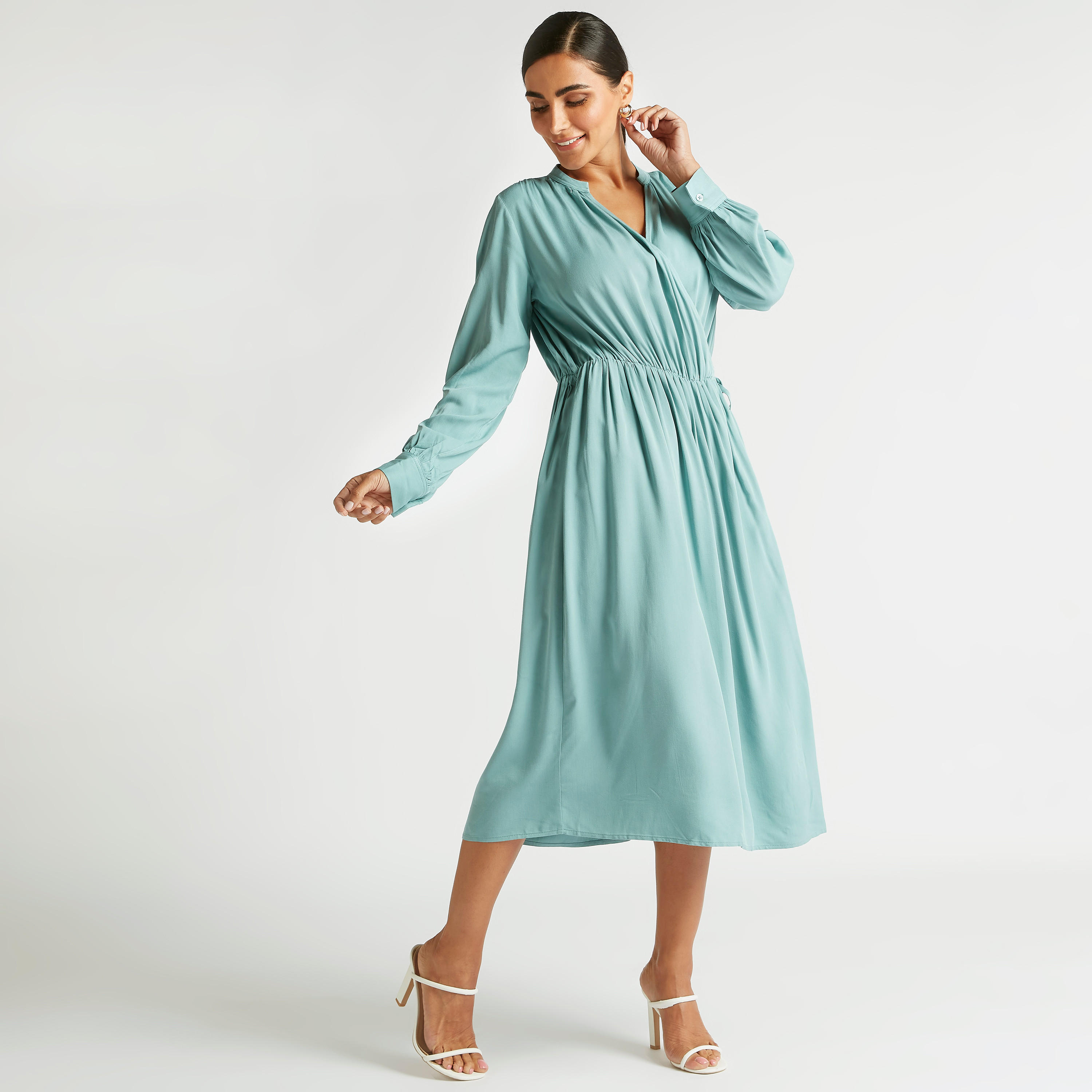 فستان إيه لاين ميدي سادة بياقة v وأكمام طويلة-women-clothing-dresses-image-2