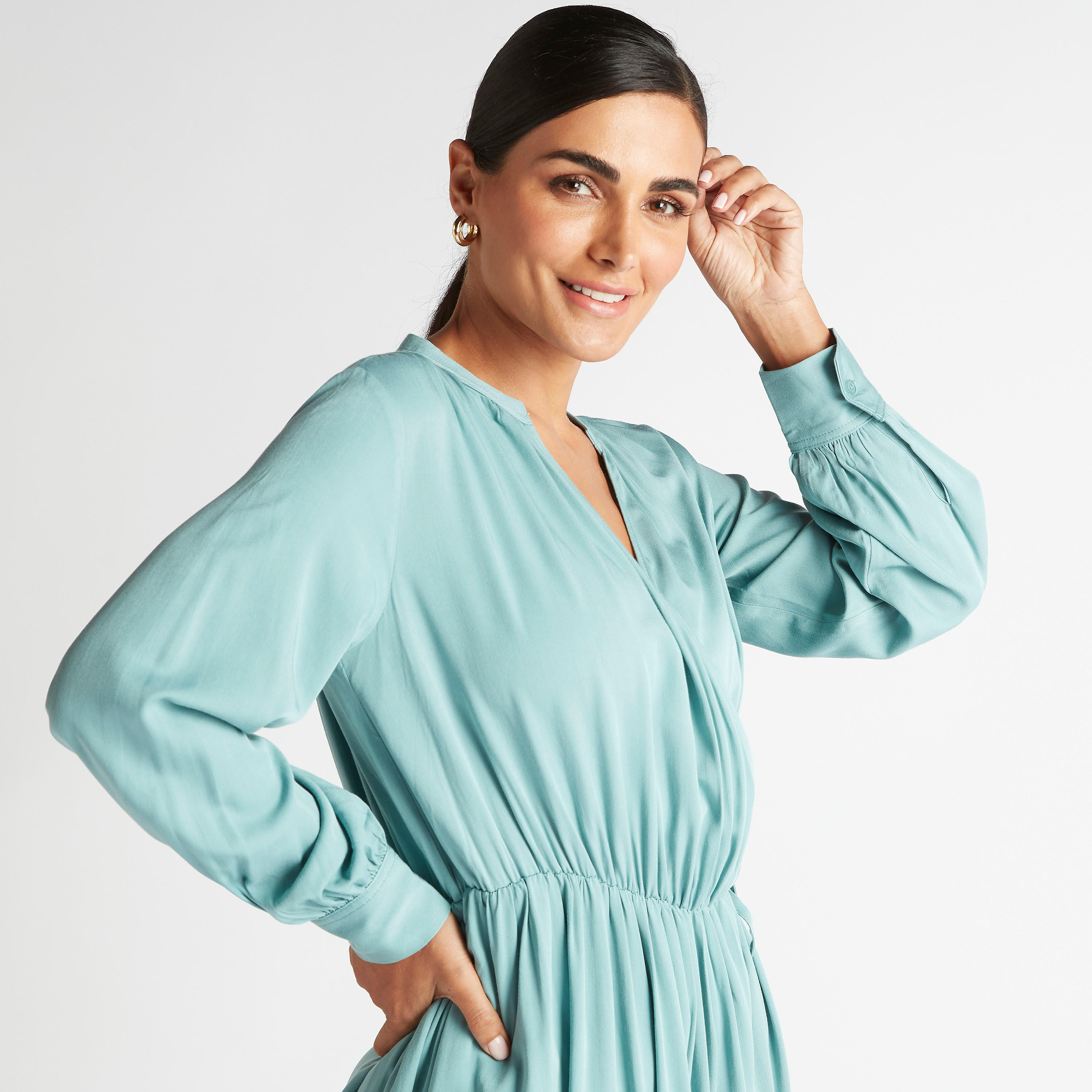فستان إيه لاين ميدي سادة بياقة v وأكمام طويلة-women-clothing-dresses-image-3