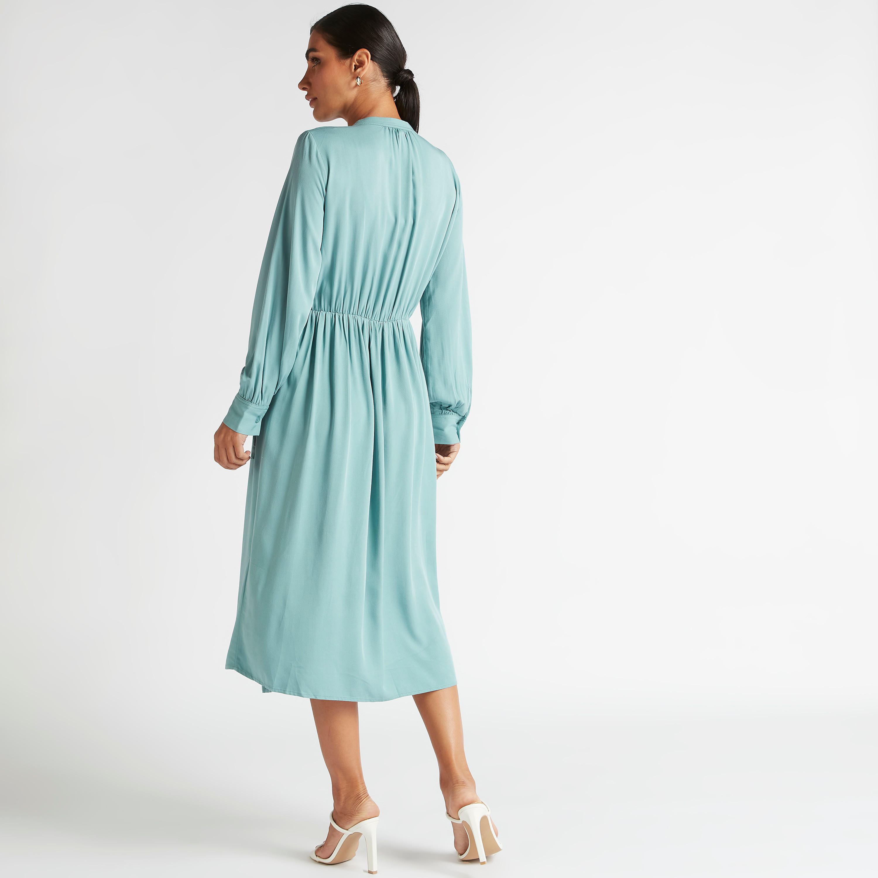 فستان إيه لاين ميدي سادة بياقة v وأكمام طويلة-women-clothing-dresses-image-4