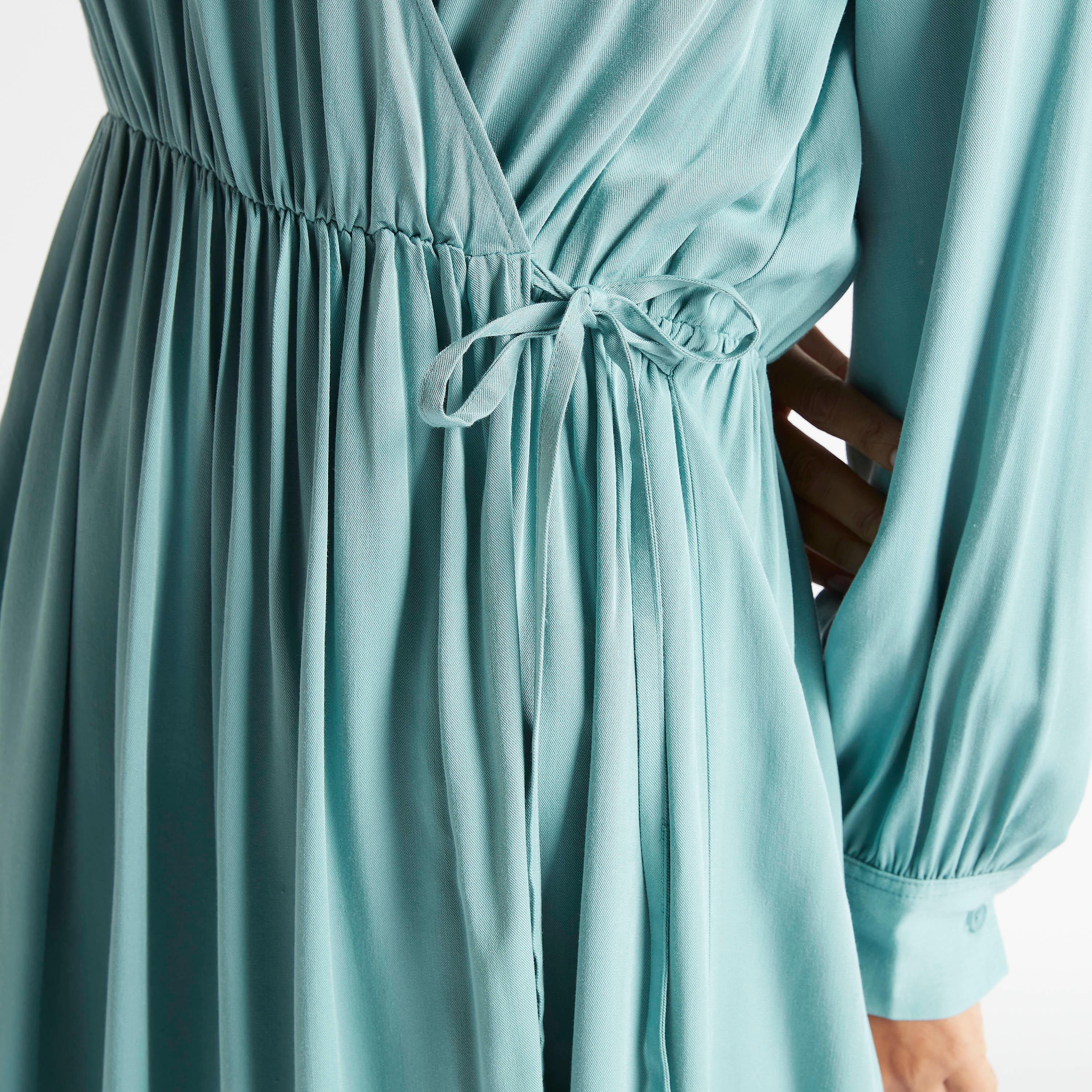 فستان إيه لاين ميدي سادة بياقة v وأكمام طويلة-women-clothing-dresses-image-6
