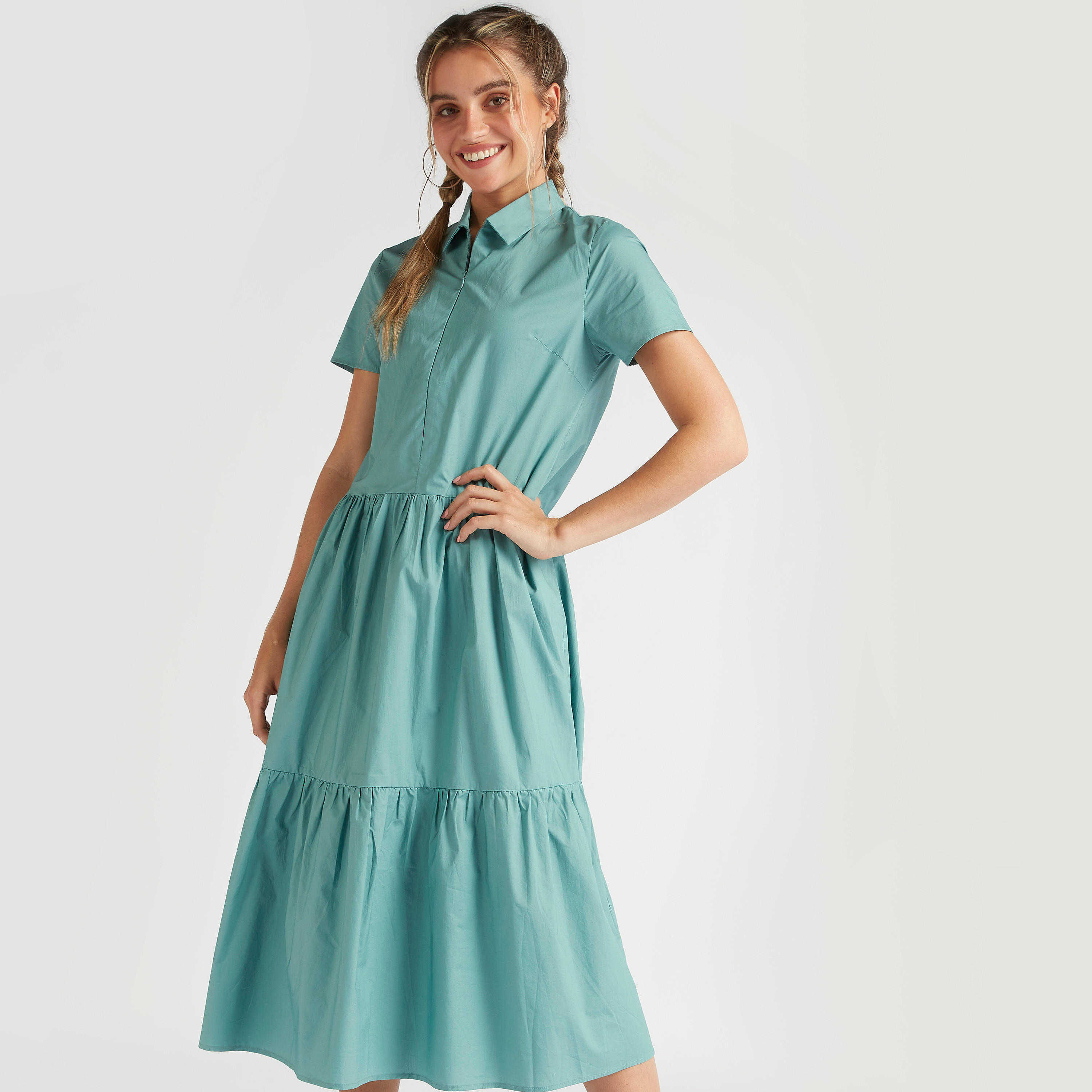 Solid A-line Midi Collared Dress with Short Sleeves-women-clothing-dresses-image-1