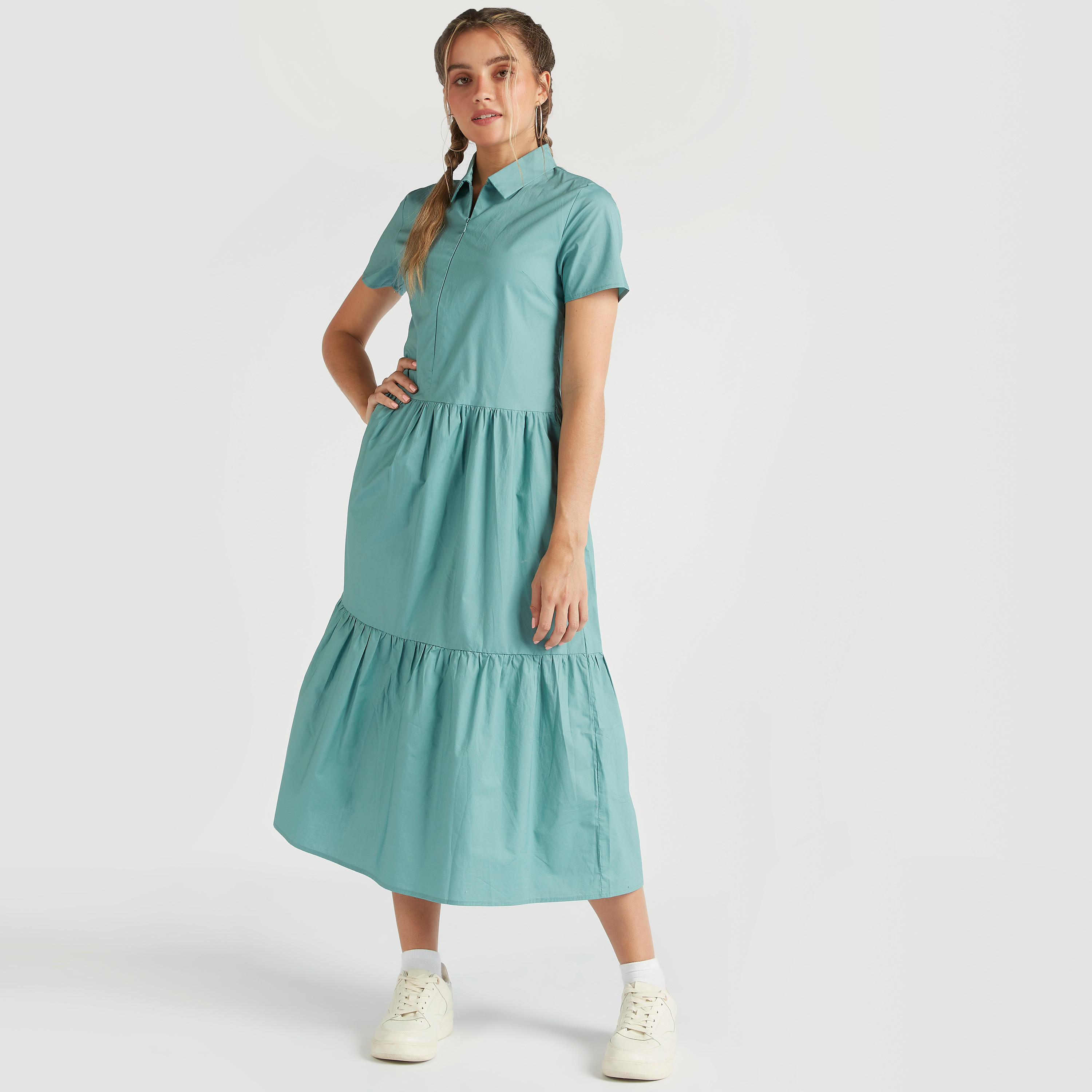 Solid A-line Midi Collared Dress with Short Sleeves-women-clothing-dresses-image-2