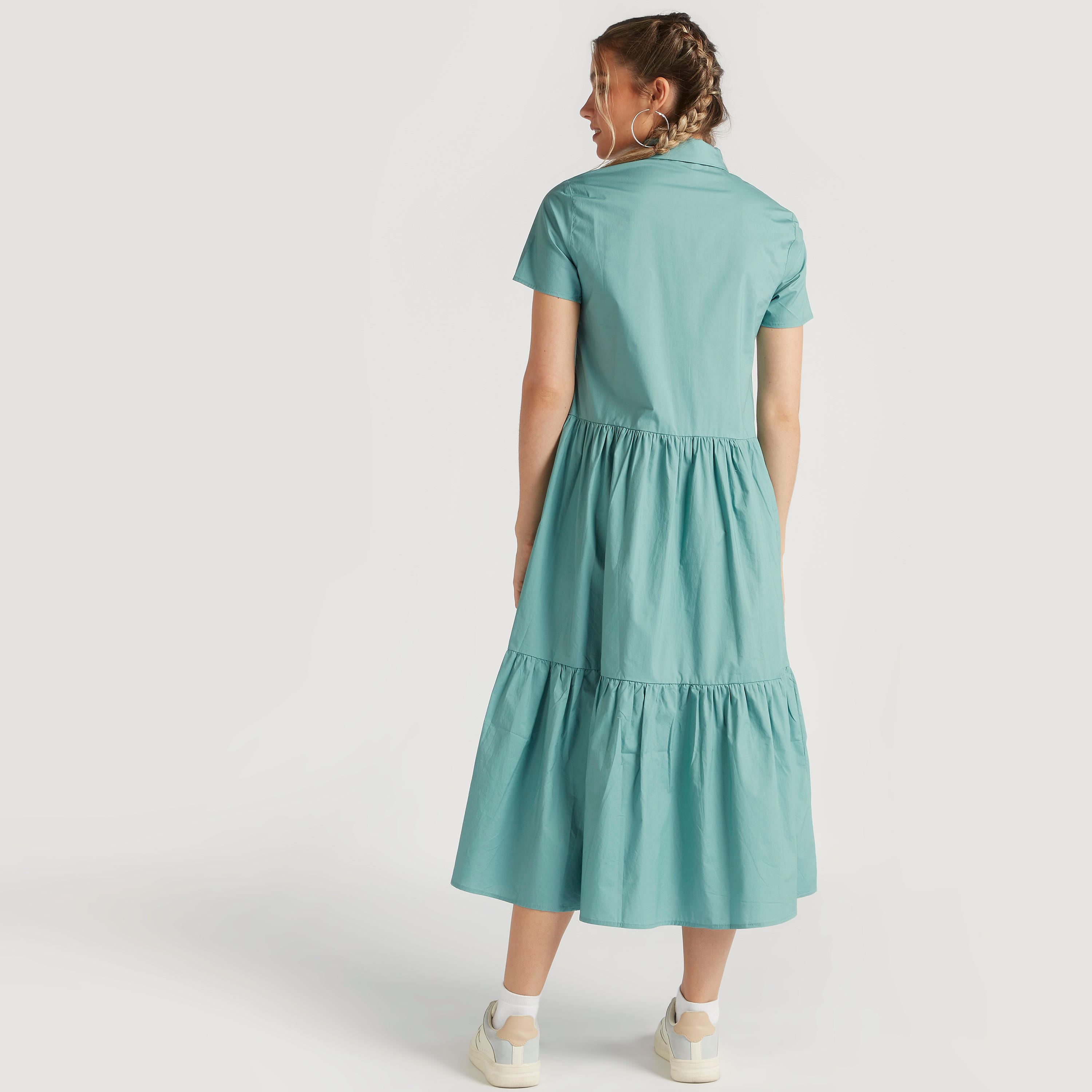 Solid A-line Midi Collared Dress with Short Sleeves-women-clothing-dresses-image-4