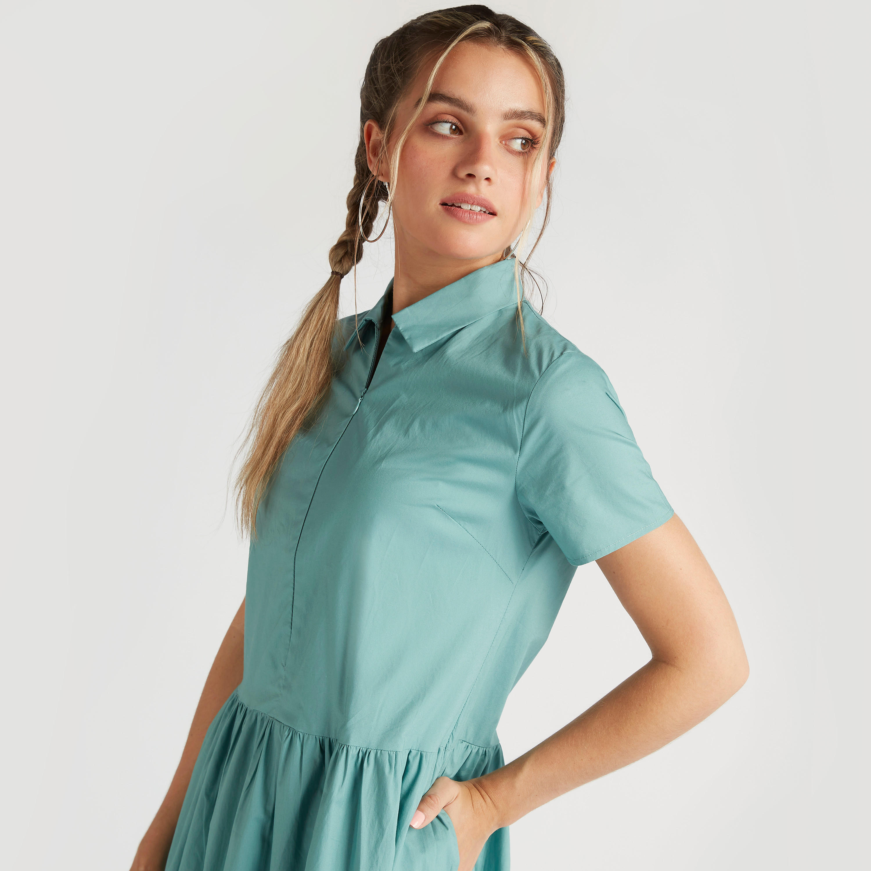Solid A-line Midi Collared Dress with Short Sleeves-women-clothing-dresses-image-5