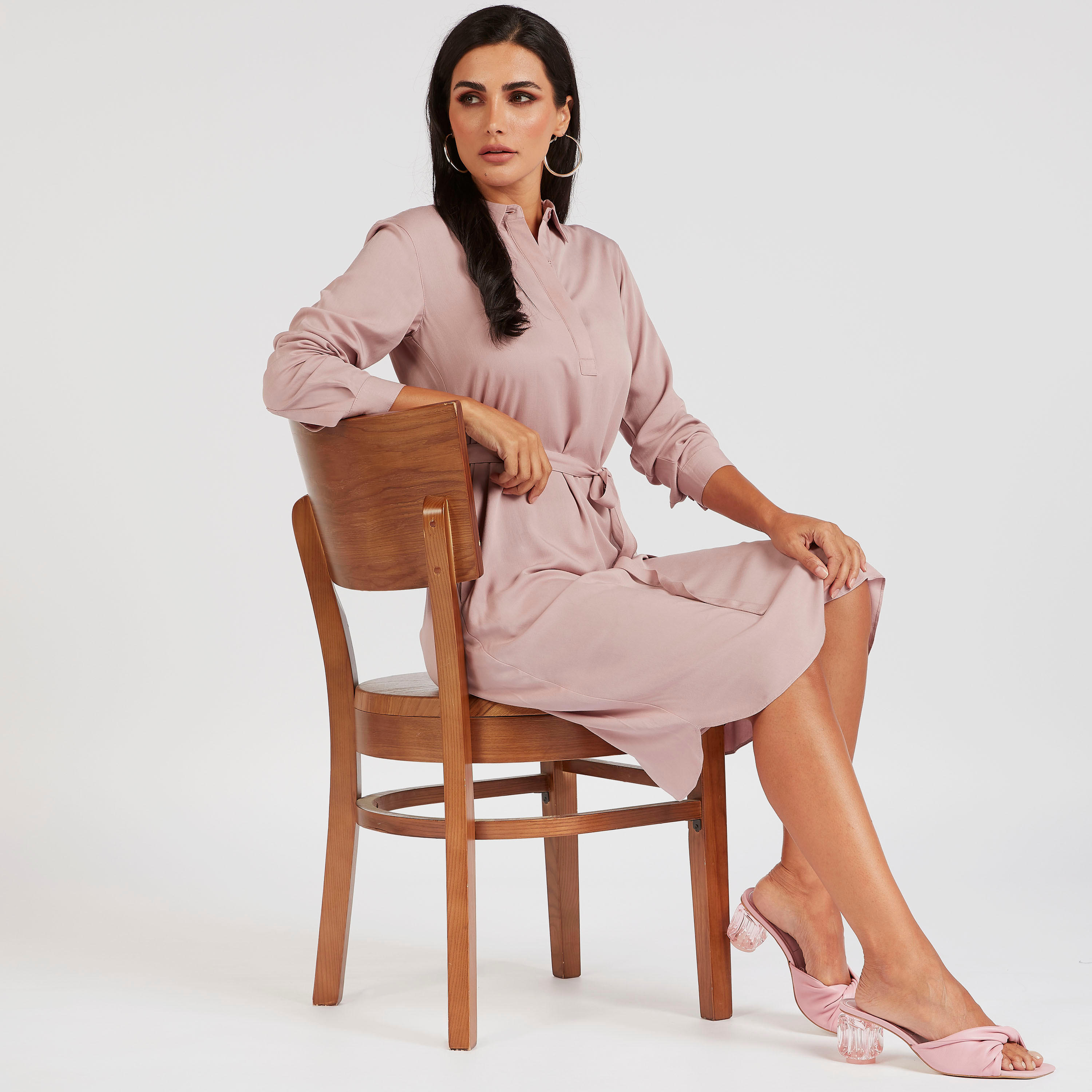 فستان قميص ميدي سادة بأكمام طويلة-women-clothing-dresses-image-1