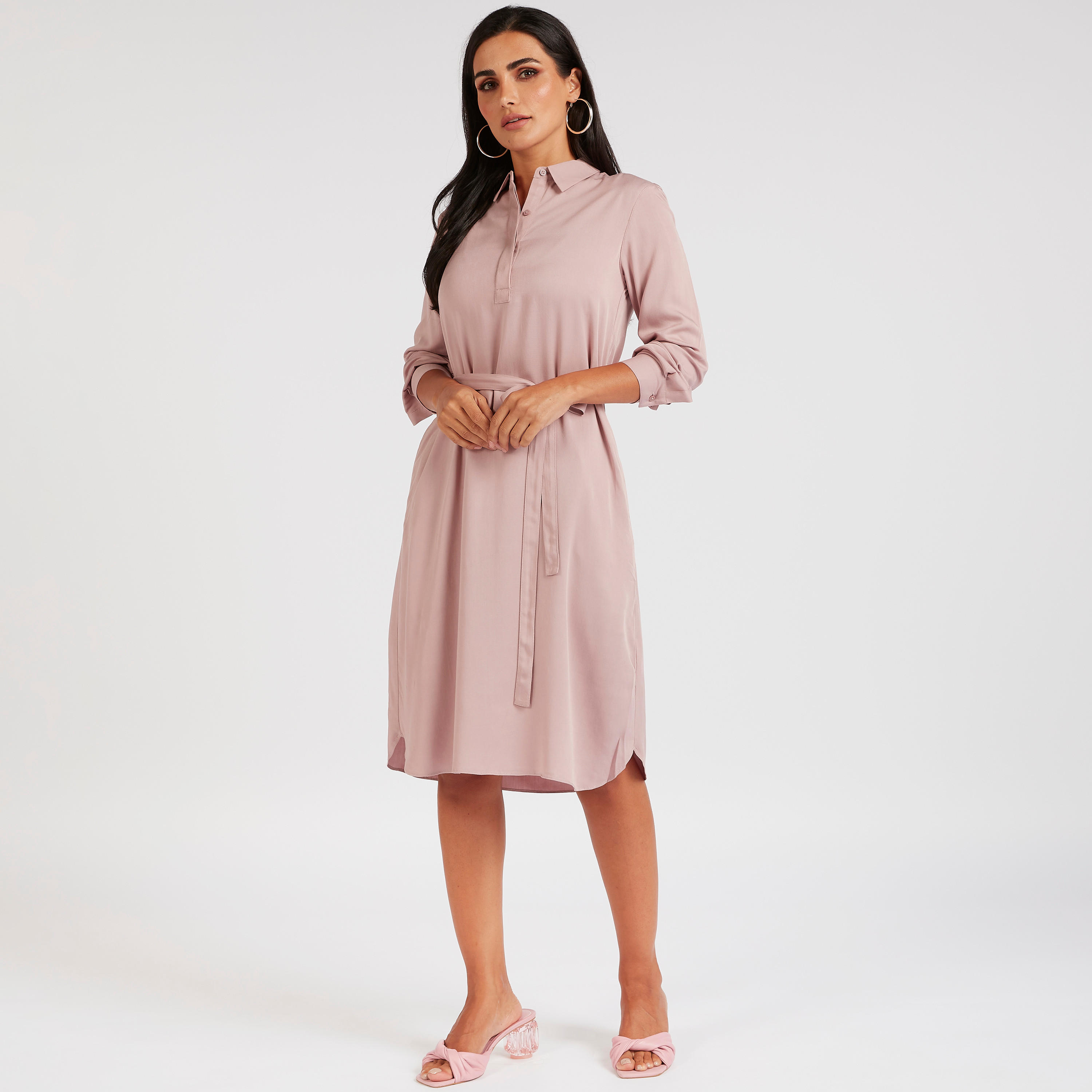 فستان قميص ميدي سادة بأكمام طويلة-women-clothing-dresses-image-2
