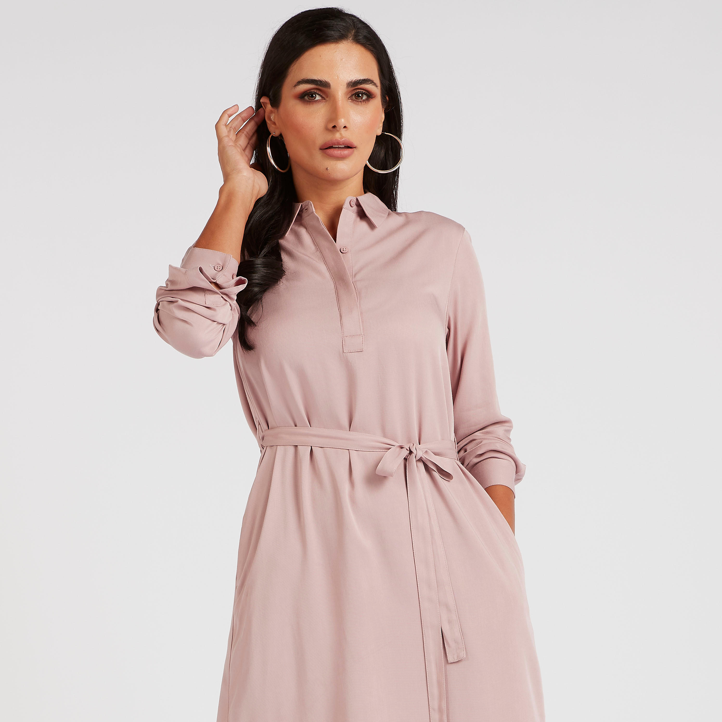 فستان قميص ميدي سادة بأكمام طويلة-women-clothing-dresses-image-5