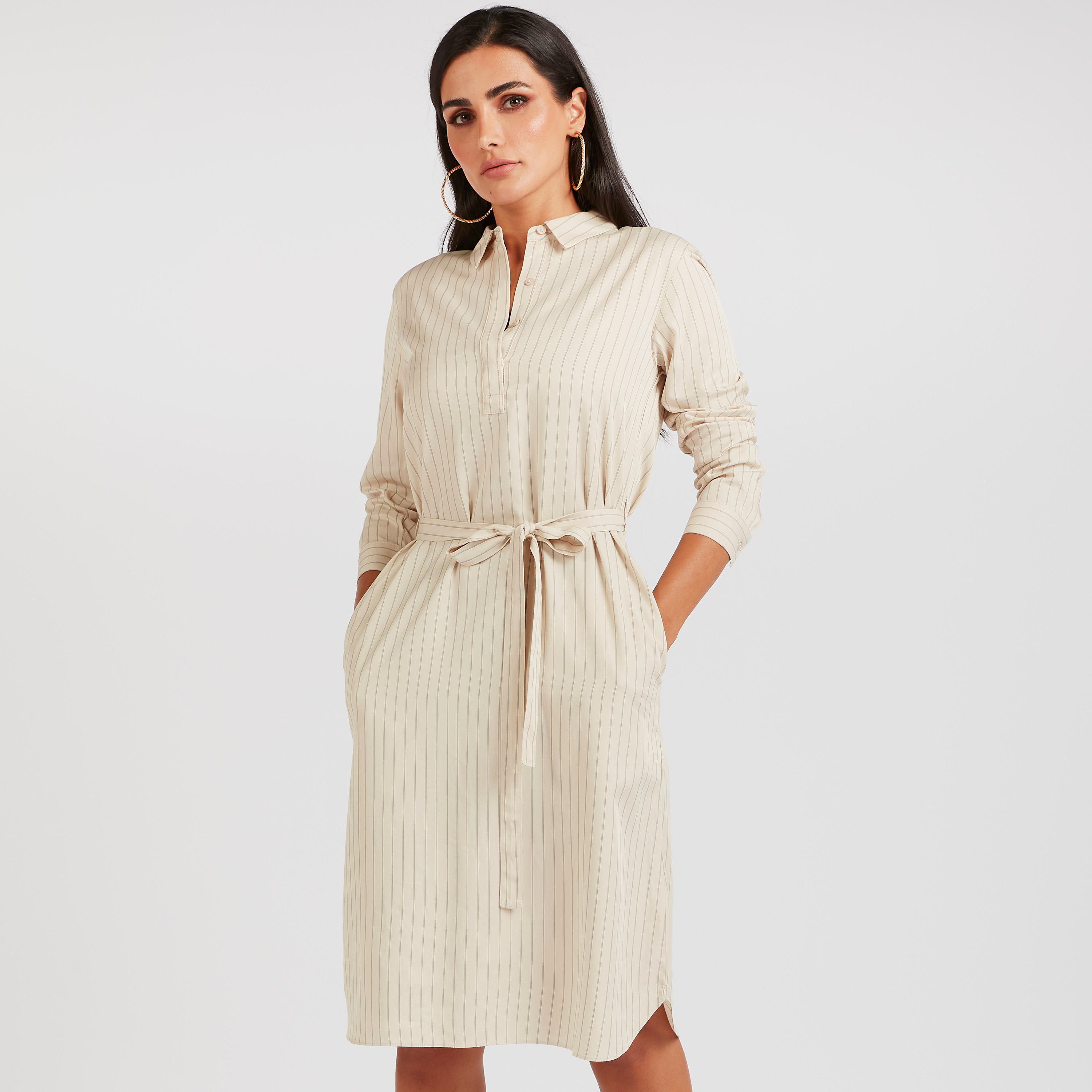 فستان قميص ميدي مخطط بأكمام طويلة-women-clothing-dresses-image-1