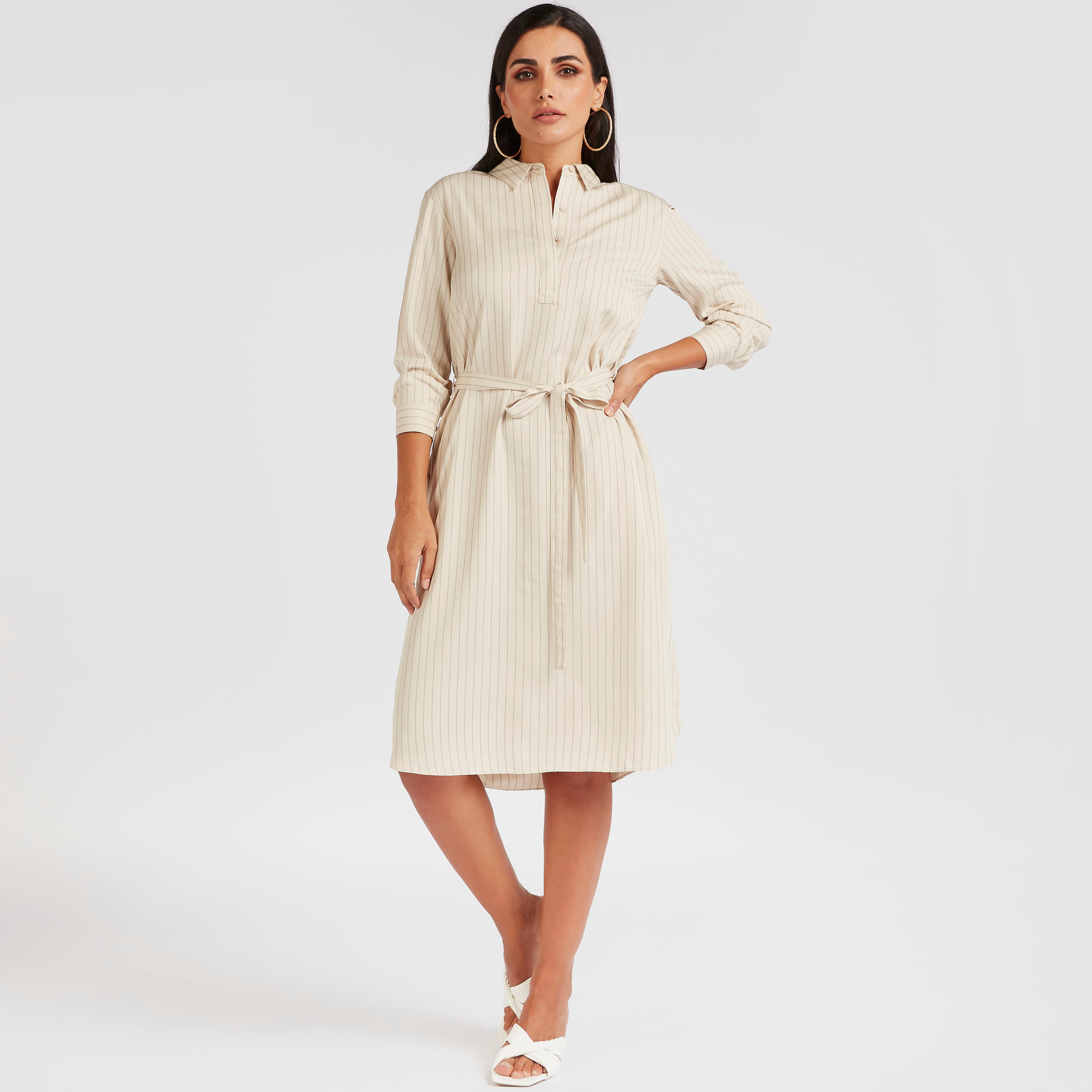 فستان قميص ميدي مخطط بأكمام طويلة-women-clothing-dresses-image-2