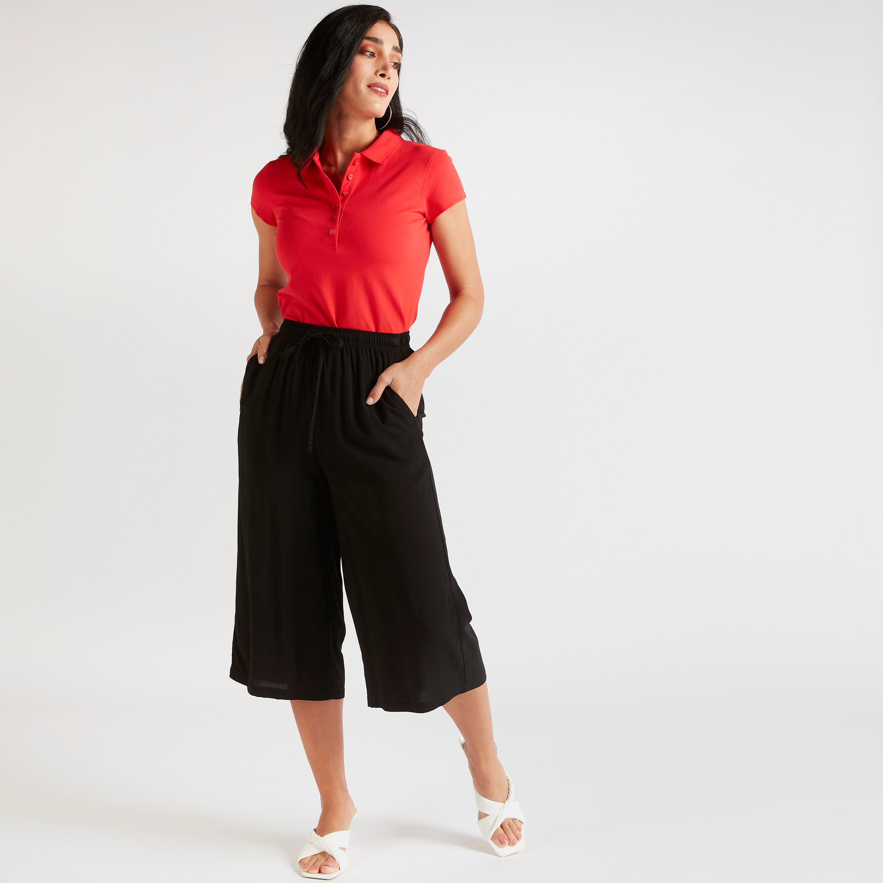 بنطلون كولوتيس سادة بخصر متوسّط الارتفاع ورباط إغلاق وجيوب-women-clothing-bottoms-trousers-image-3