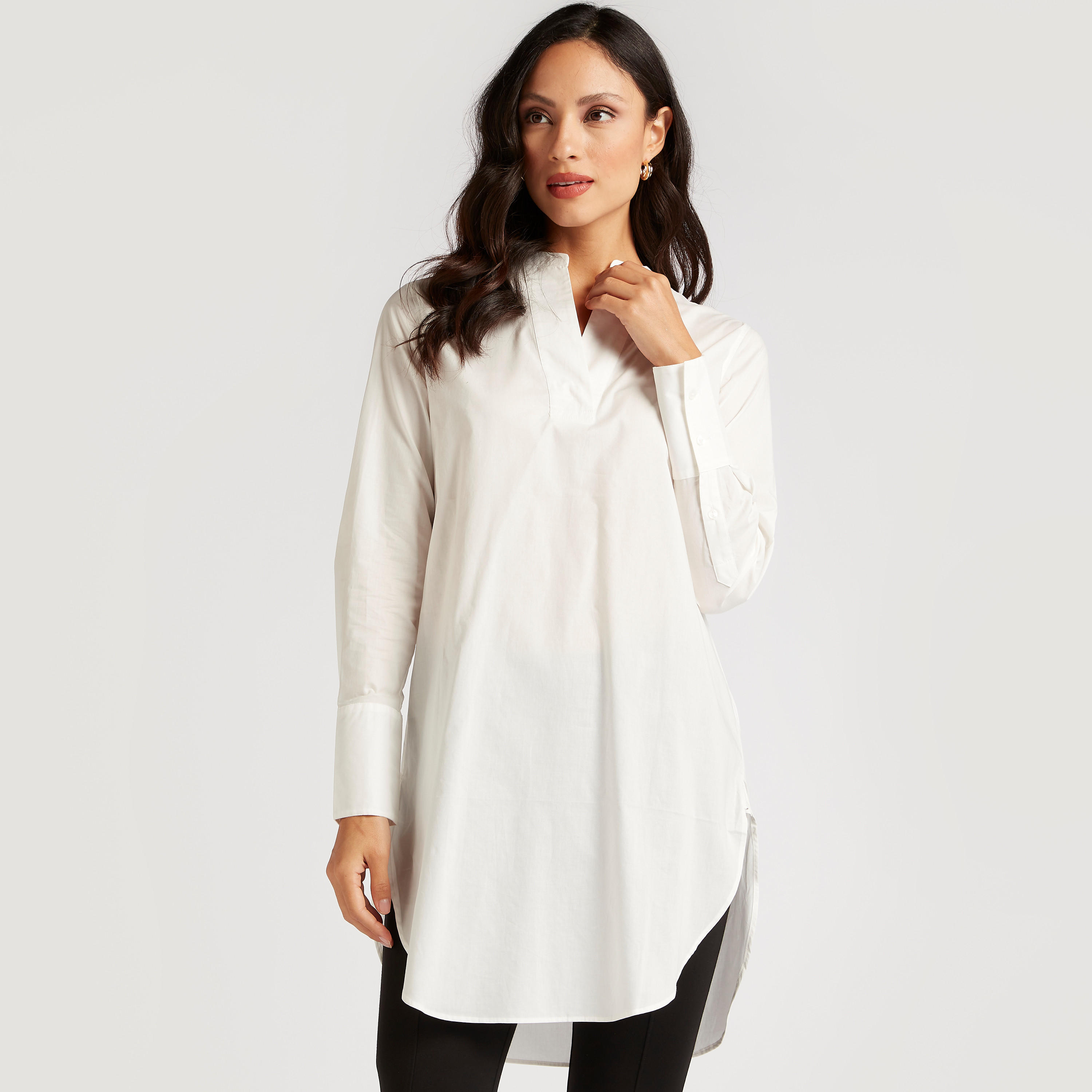 Solid Longline Shirt with U-Hem and Long Sleeves-women-clothing-shirtsandblouses-shirts-image-1