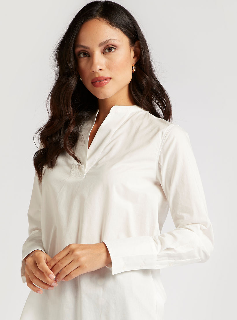 Solid Longline Shirt with U-Hem and Long Sleeves-women-clothing-shirtsandblouses-shirts-image-3