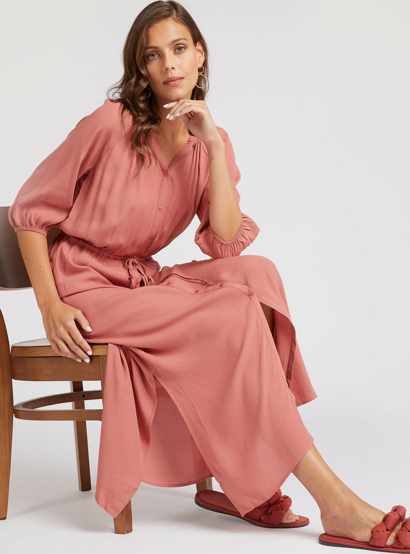 فستان قميص طويل بخصر رباط وياقة كشكش-women-clothing-dresses-image-1