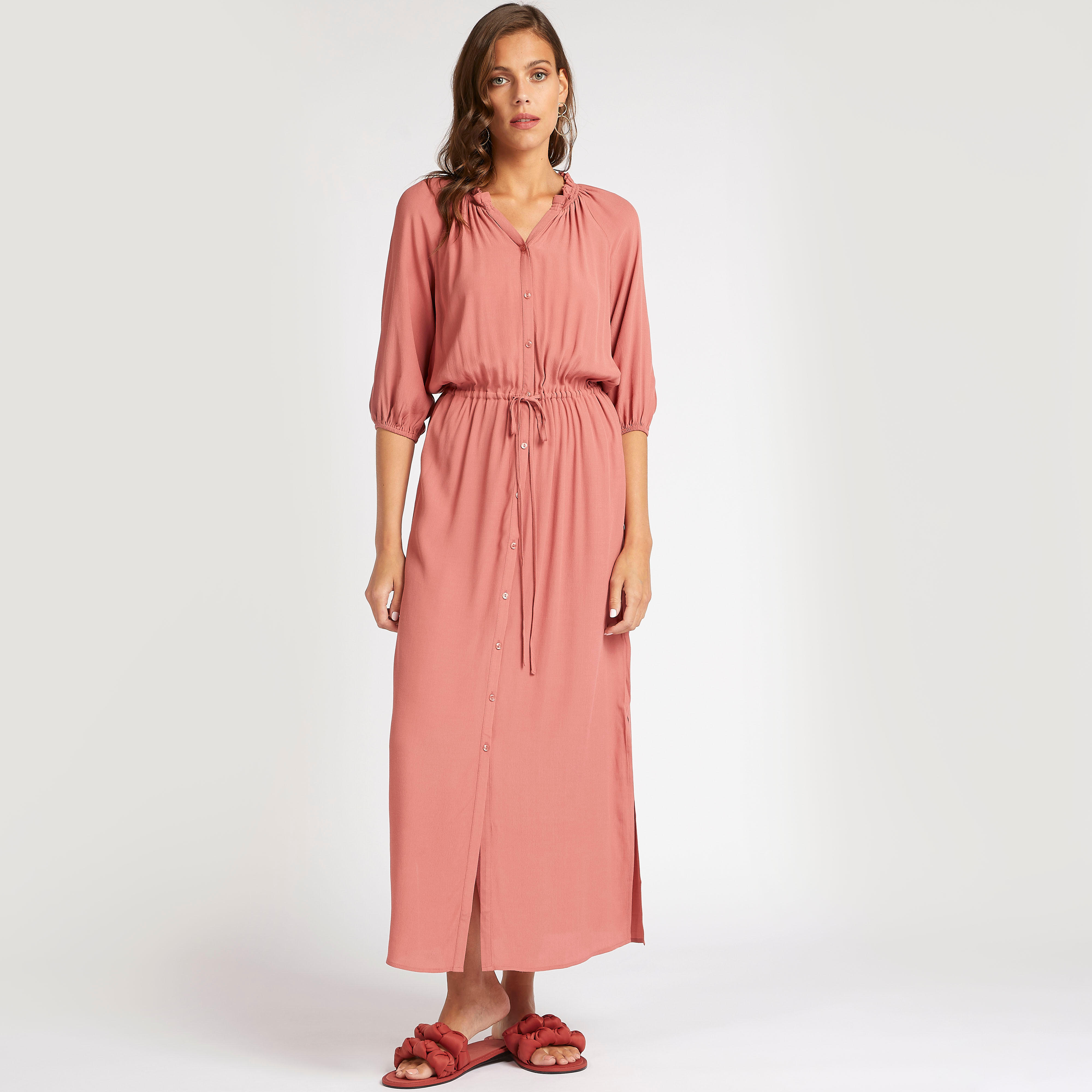 فستان قميص طويل بخصر رباط وياقة كشكش-women-clothing-dresses-image-2