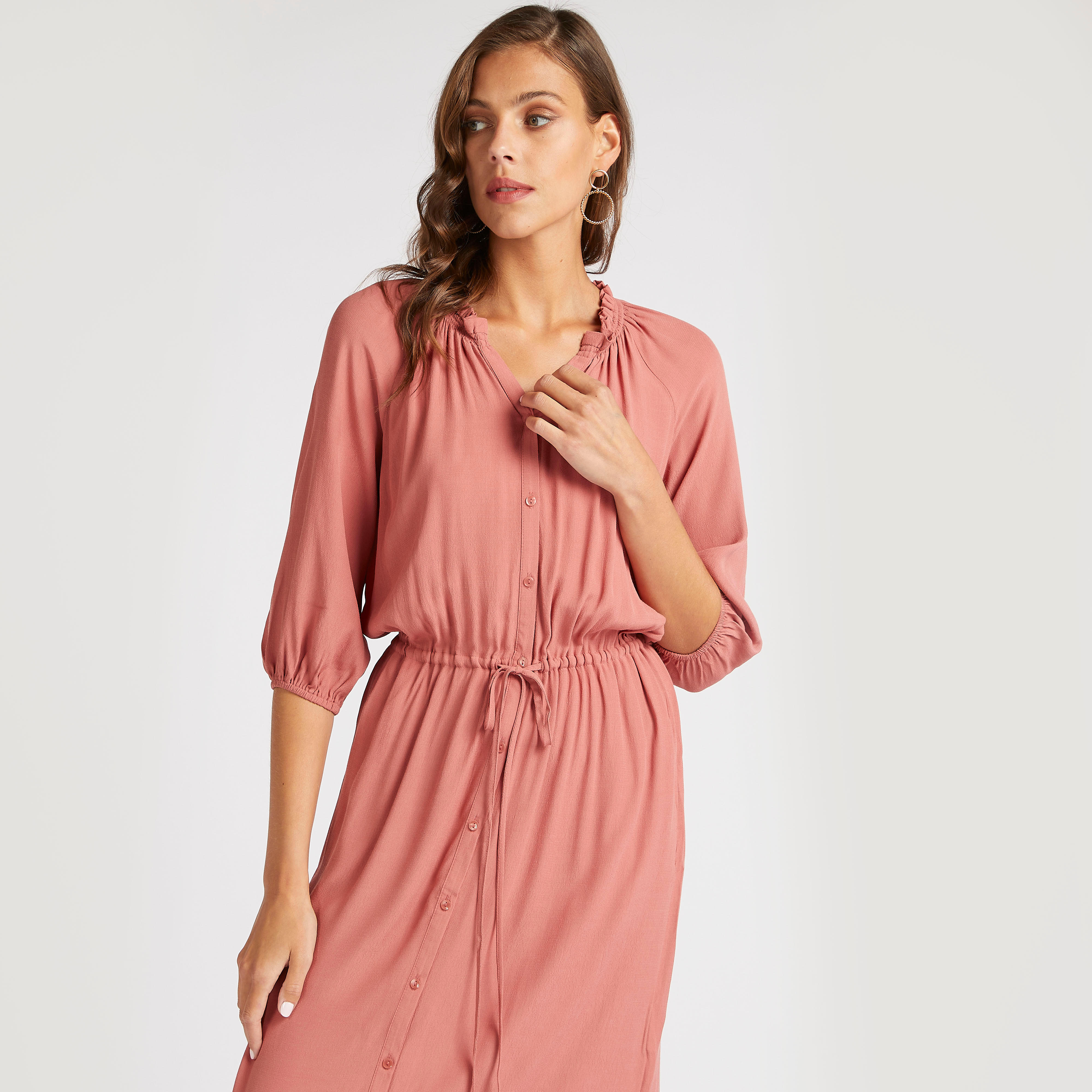فستان قميص طويل بخصر رباط وياقة كشكش-women-clothing-dresses-image-5