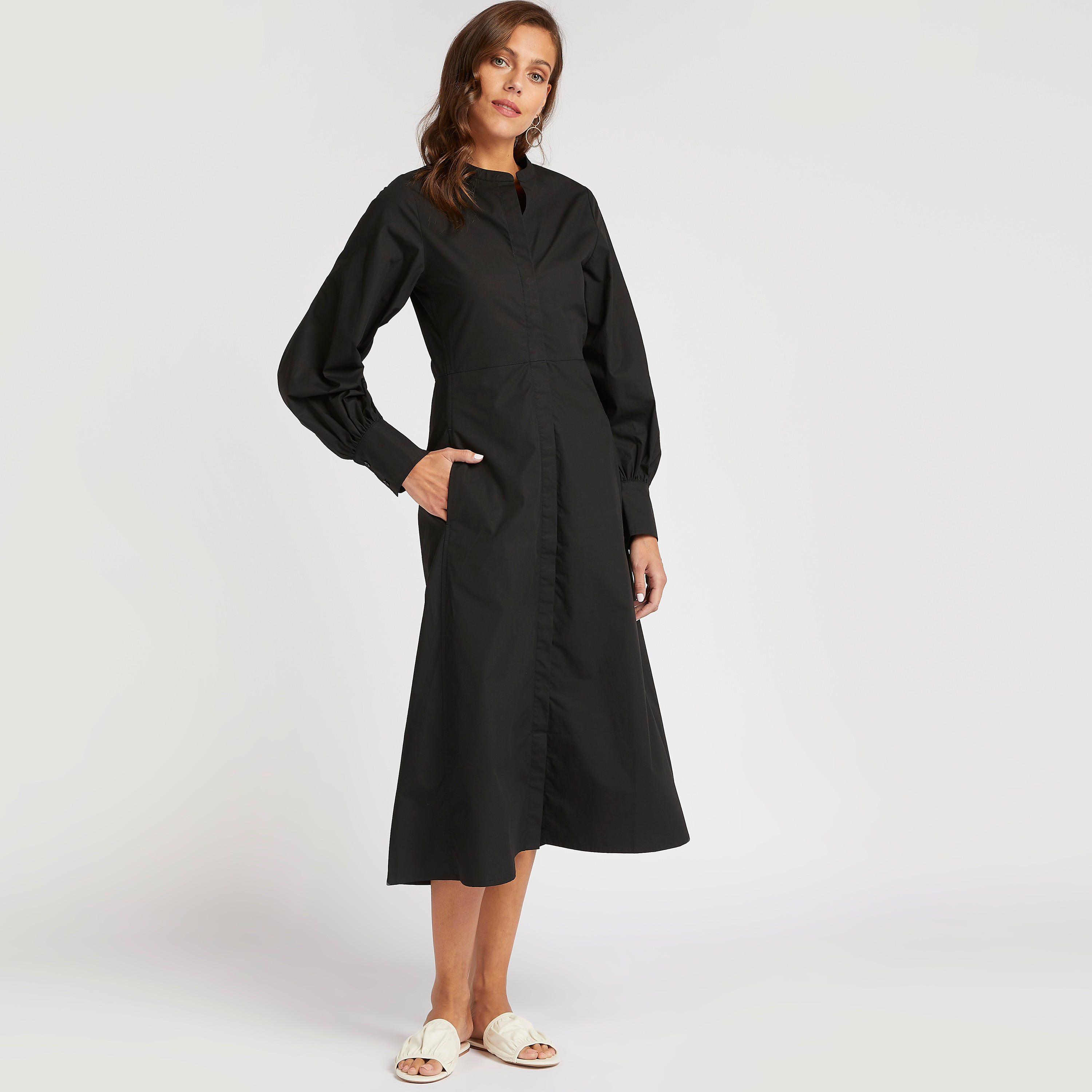 فستان قميص سادة ميدي بياقة ماندرين وأكمام بيشوب-women-clothing-dresses-image-1