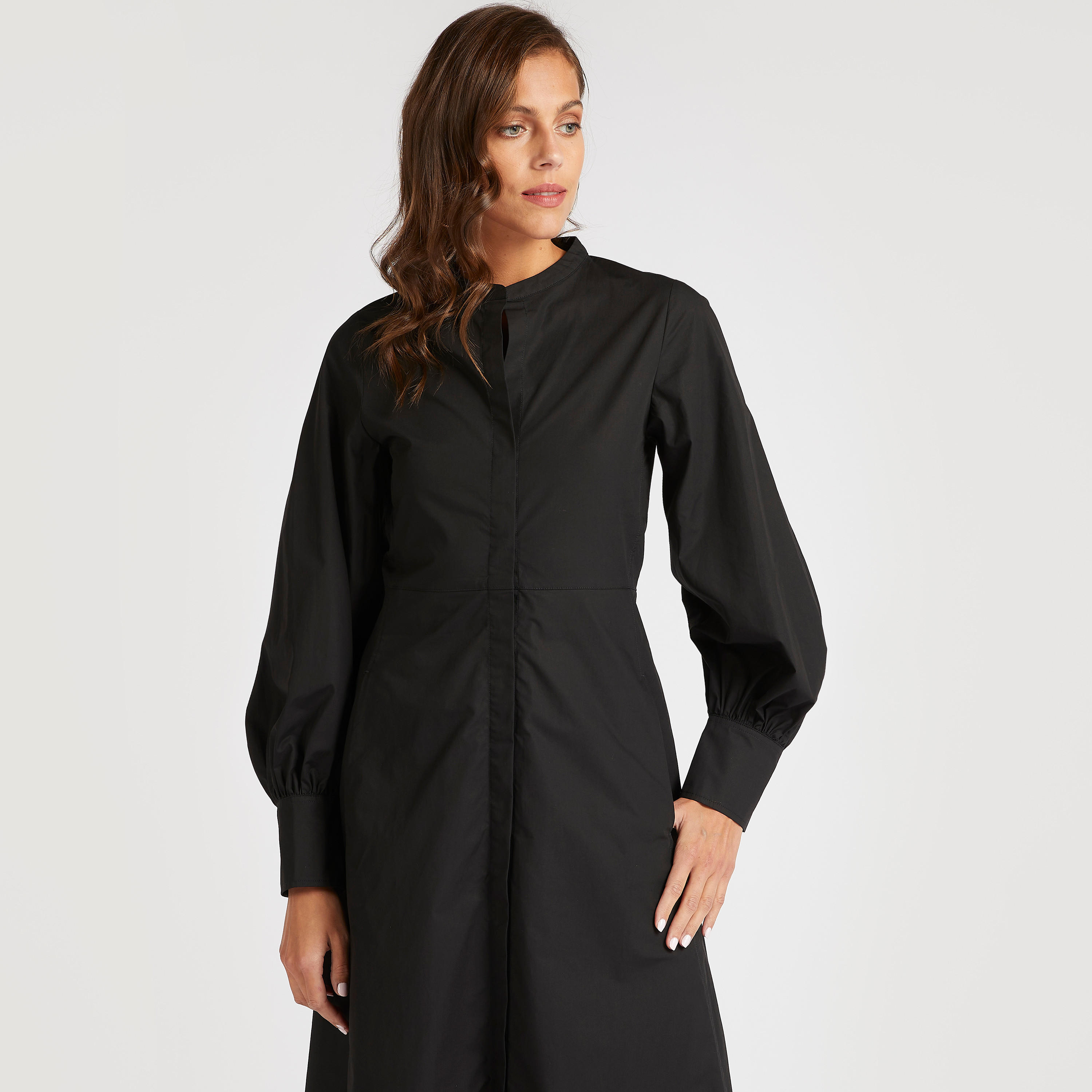 فستان قميص سادة ميدي بياقة ماندرين وأكمام بيشوب-women-clothing-dresses-image-2