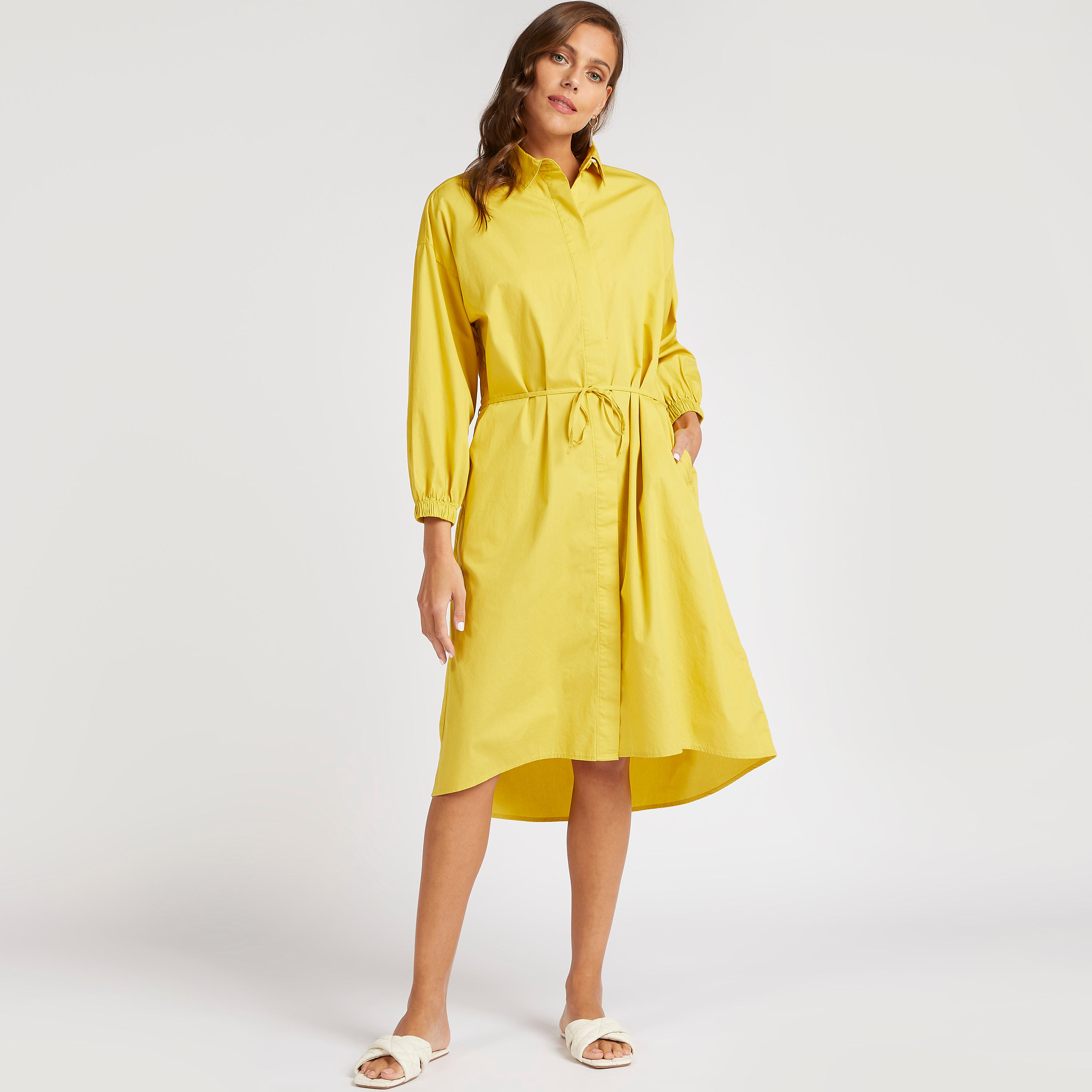 فستان قميص متوسط الطول سادة بأطراف غير مستوية-women-clothing-dresses-image-1