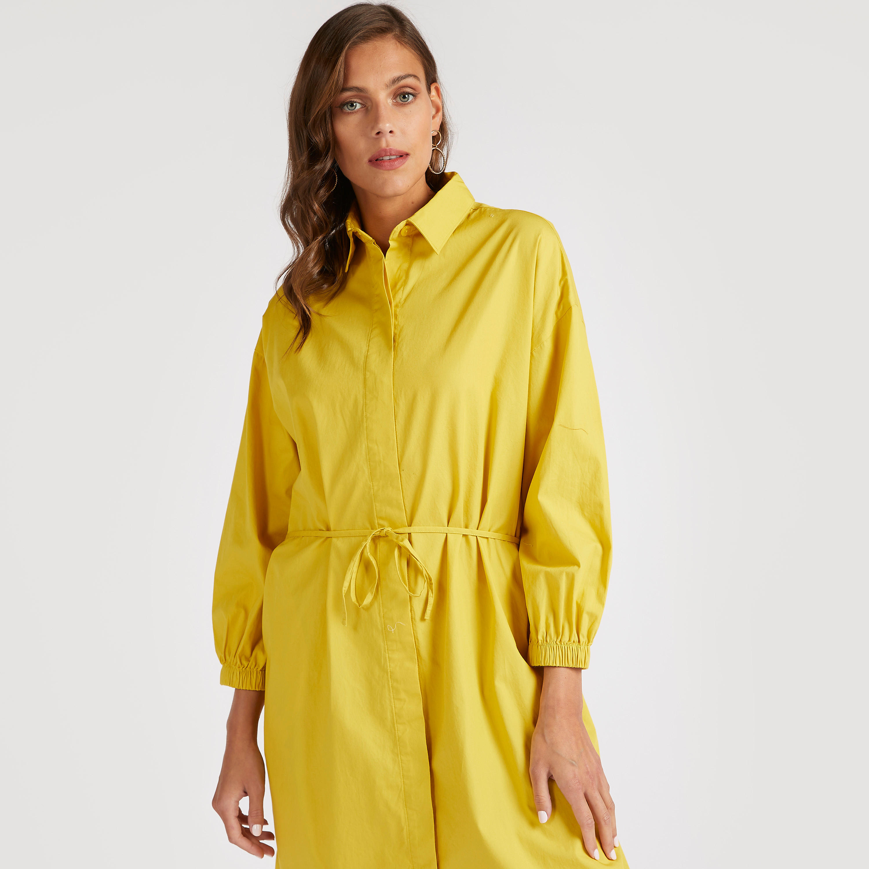فستان قميص متوسط الطول سادة بأطراف غير مستوية-women-clothing-dresses-image-2