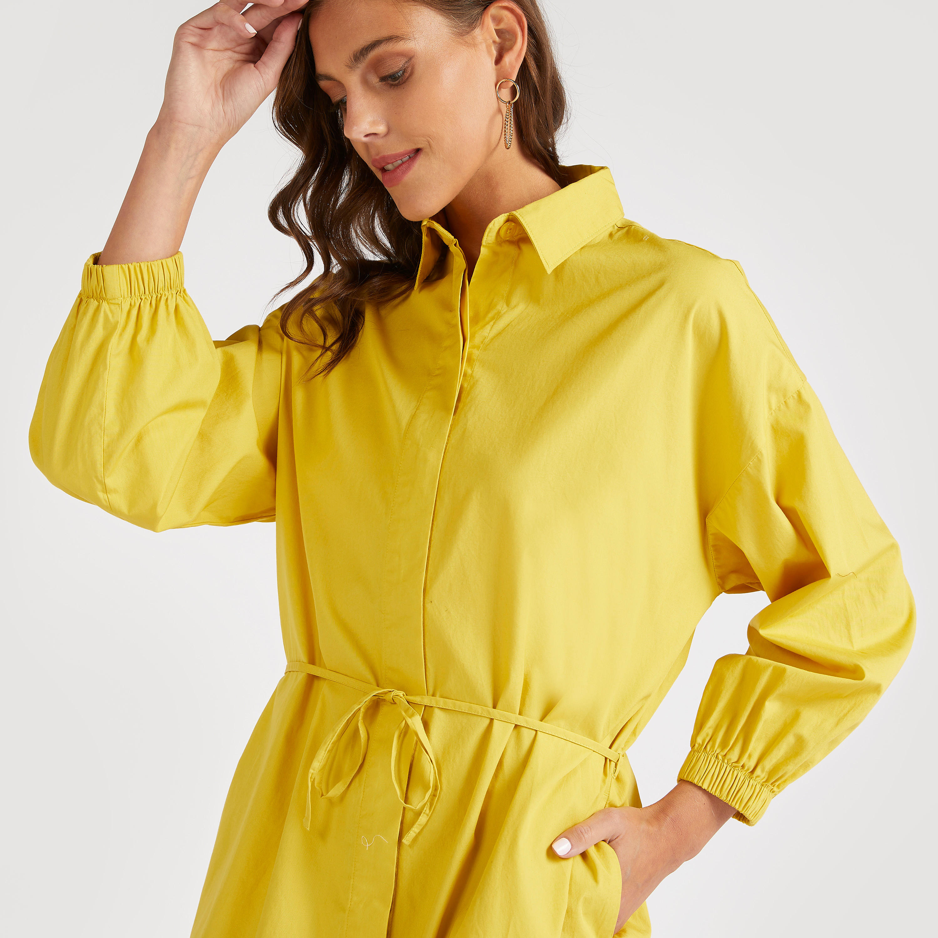 فستان قميص متوسط الطول سادة بأطراف غير مستوية-women-clothing-dresses-image-3