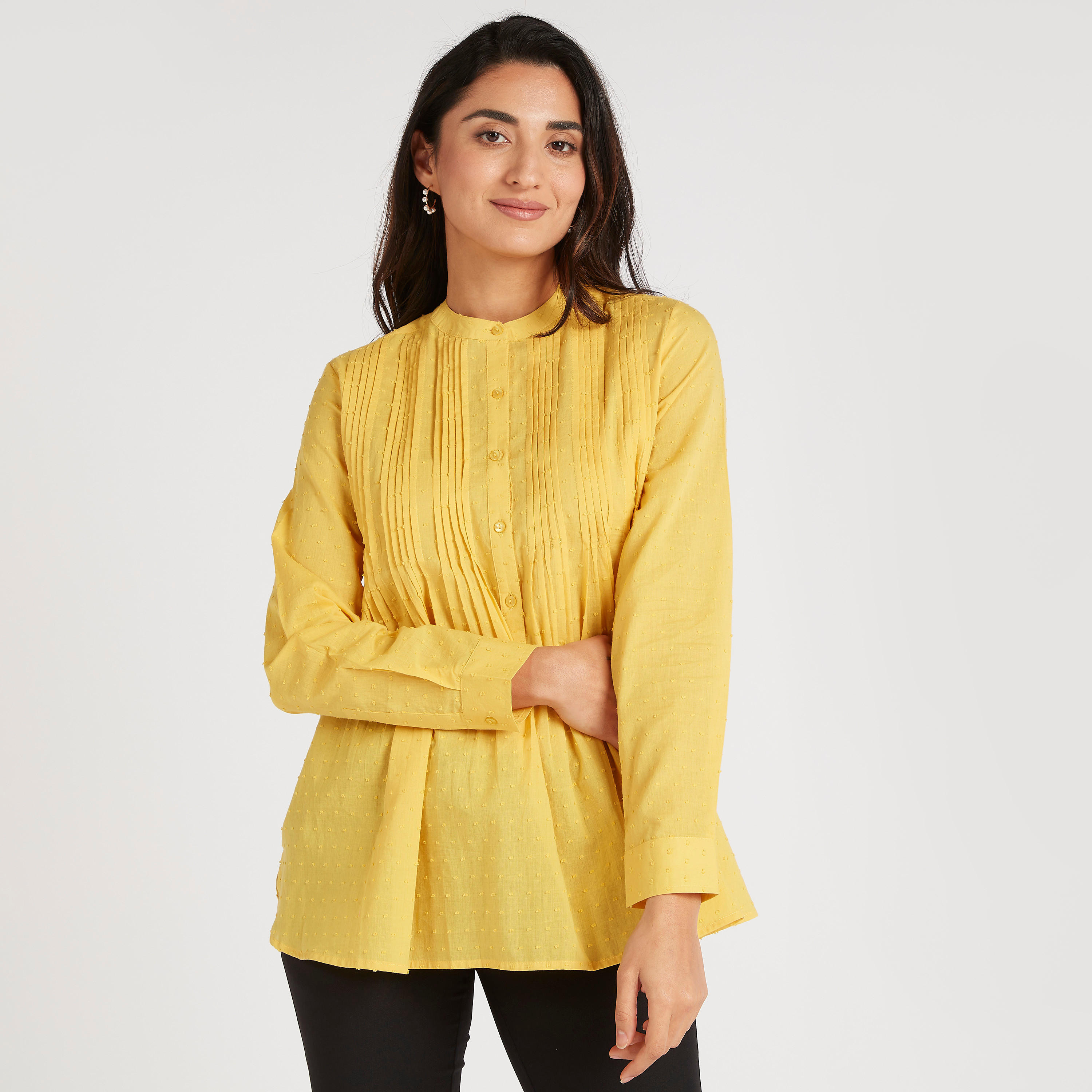 بلوزة بياقة ماندارين وأكمام طويلة وتفاصيل بينتوك-women-clothing-shirtsandblouses-blouses-image-1