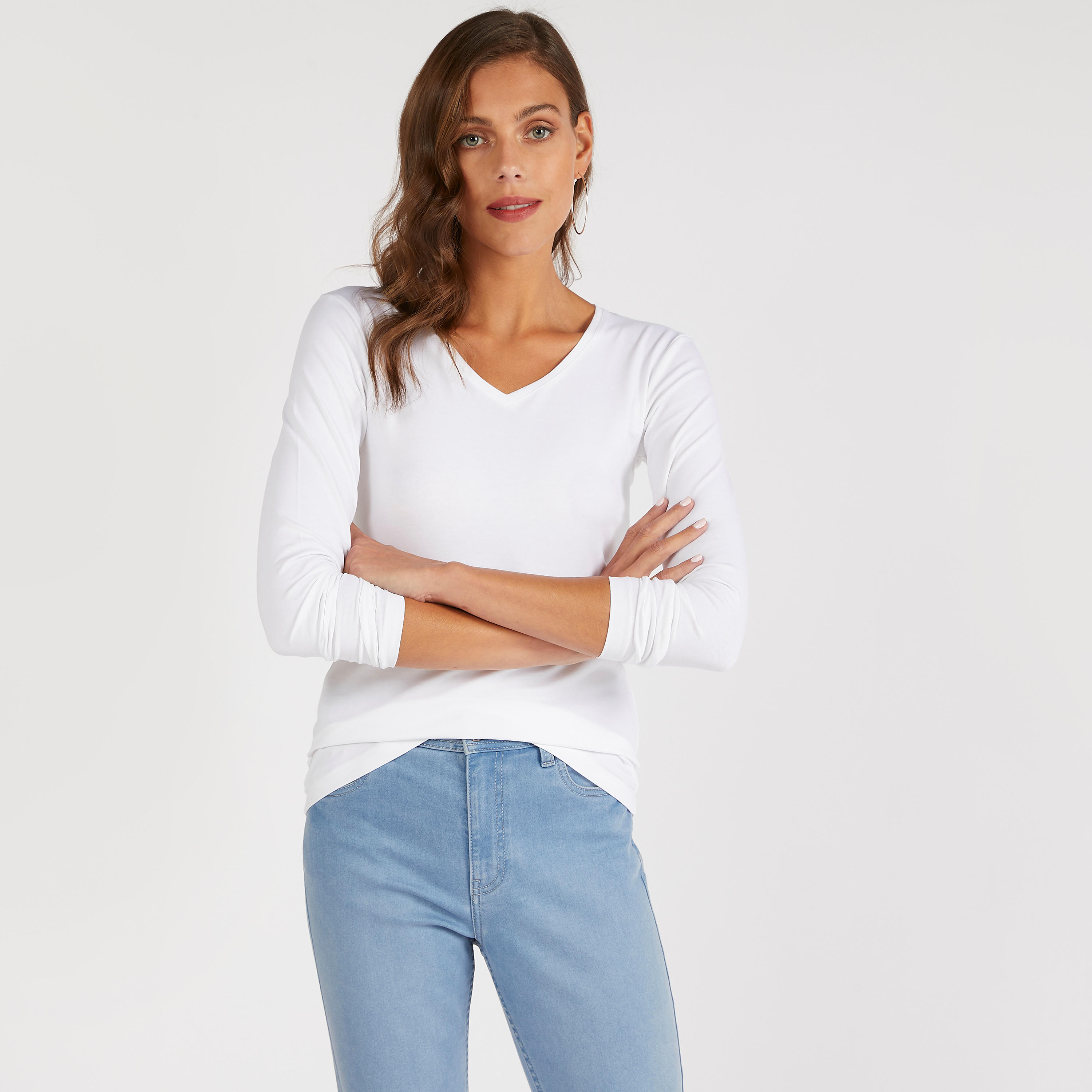 Solid V-neck T-shirt with Long Sleeves-women-clothing-tshirts-image-1