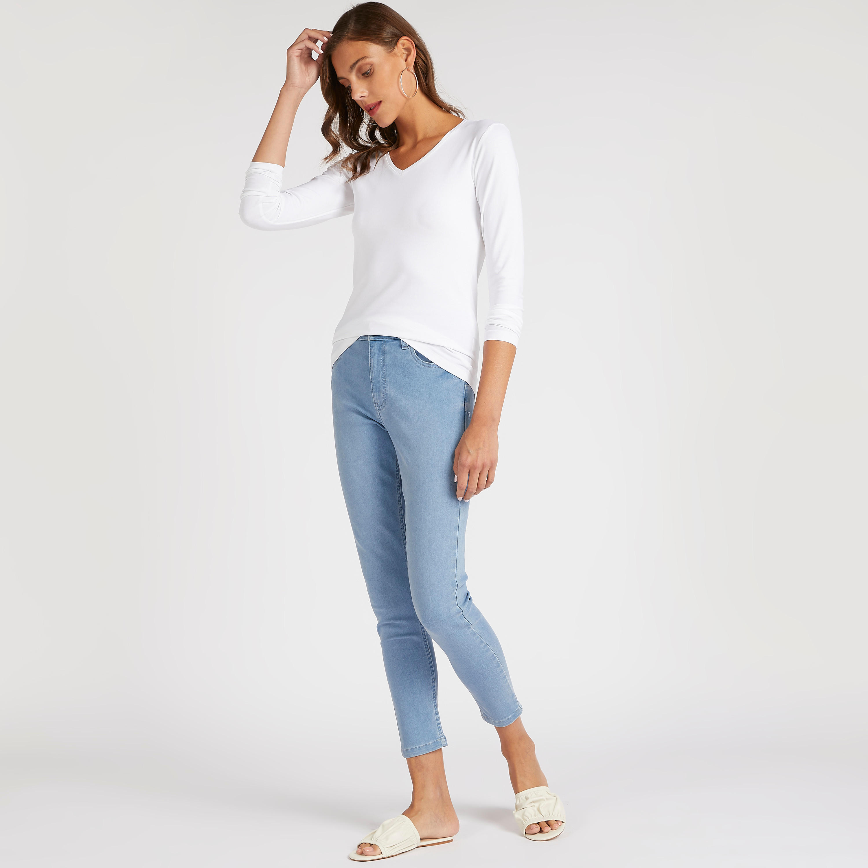 Solid V-neck T-shirt with Long Sleeves-women-clothing-tshirts-image-2