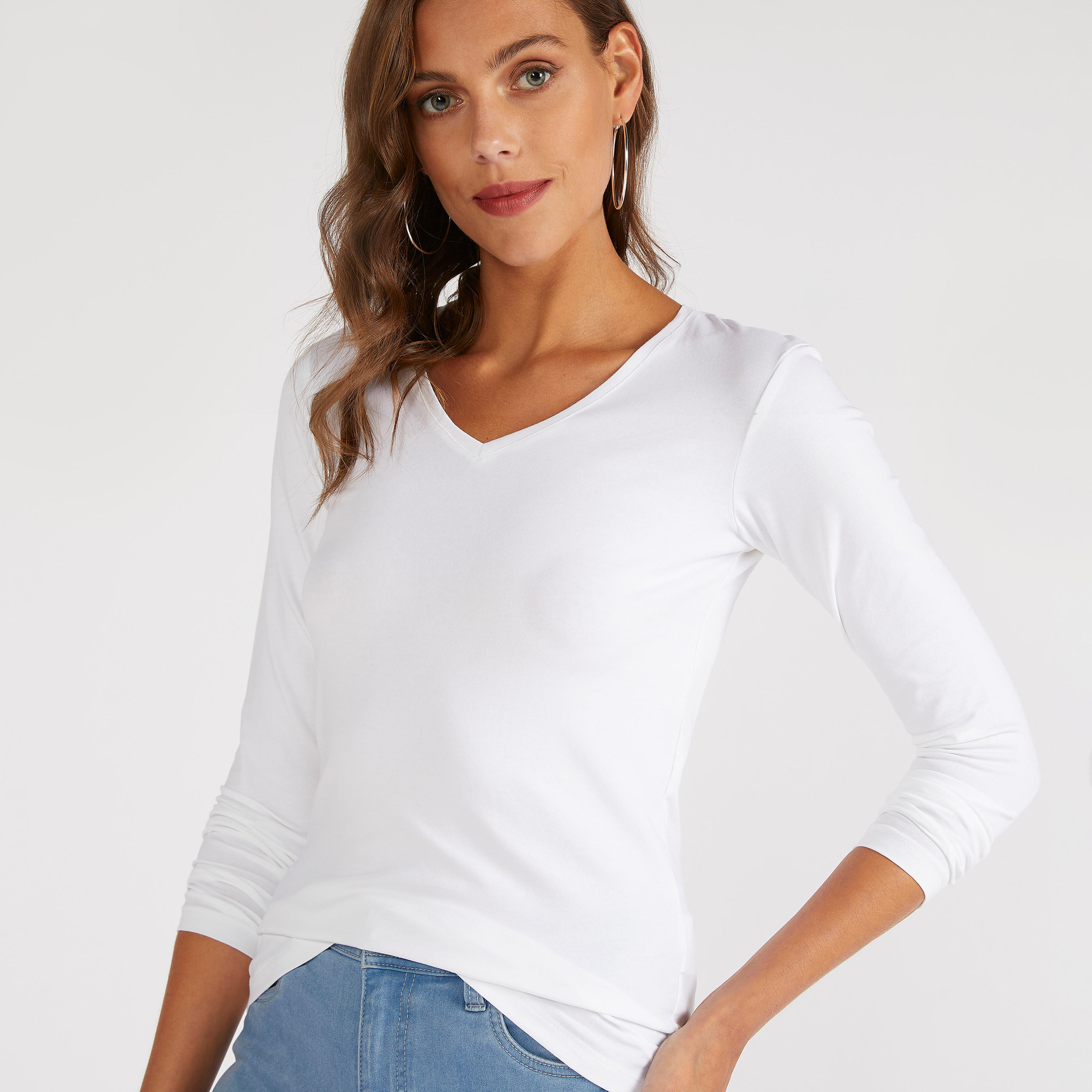 Solid V-neck T-shirt with Long Sleeves-women-clothing-tshirts-image-3