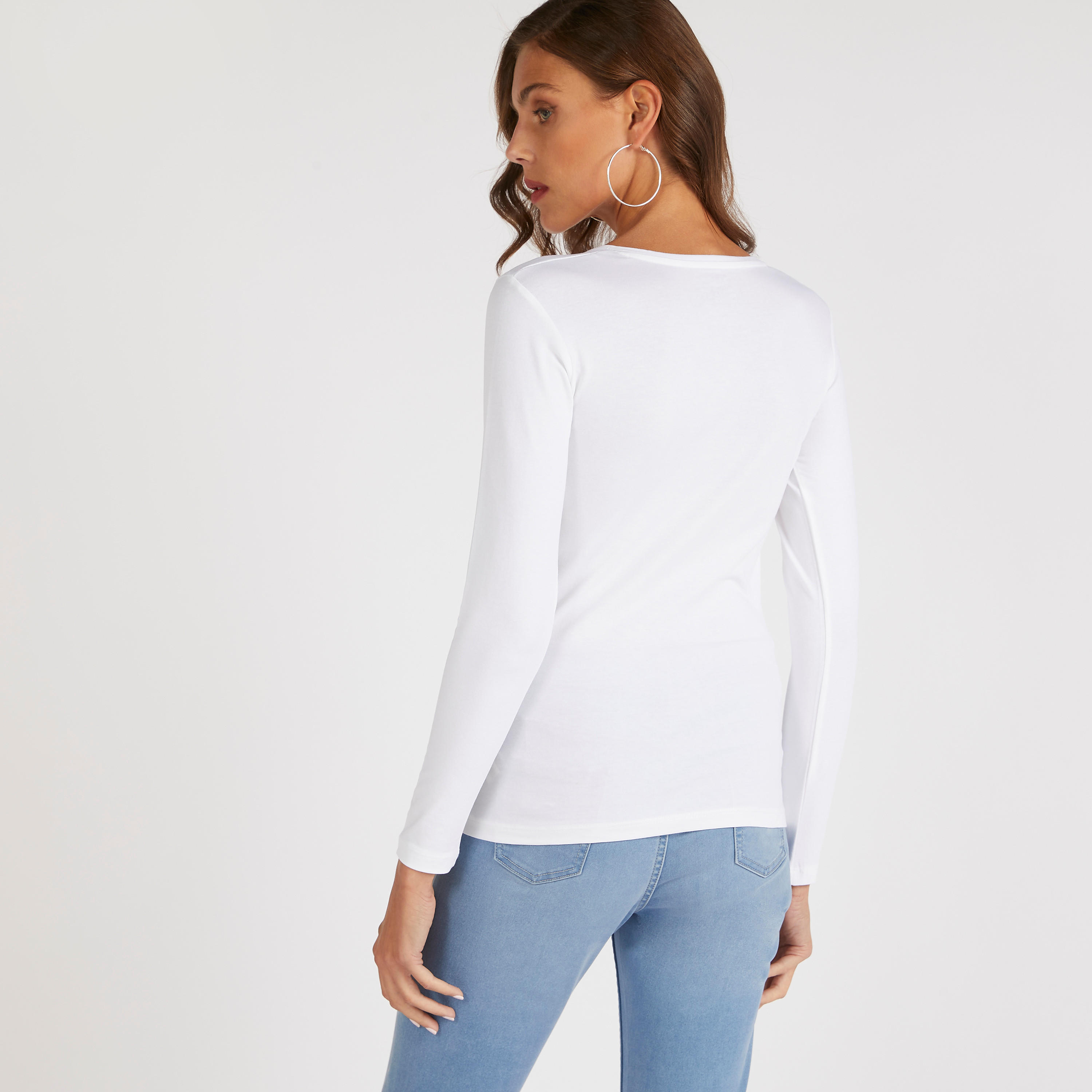 Solid V-neck T-shirt with Long Sleeves-women-clothing-tshirts-image-4