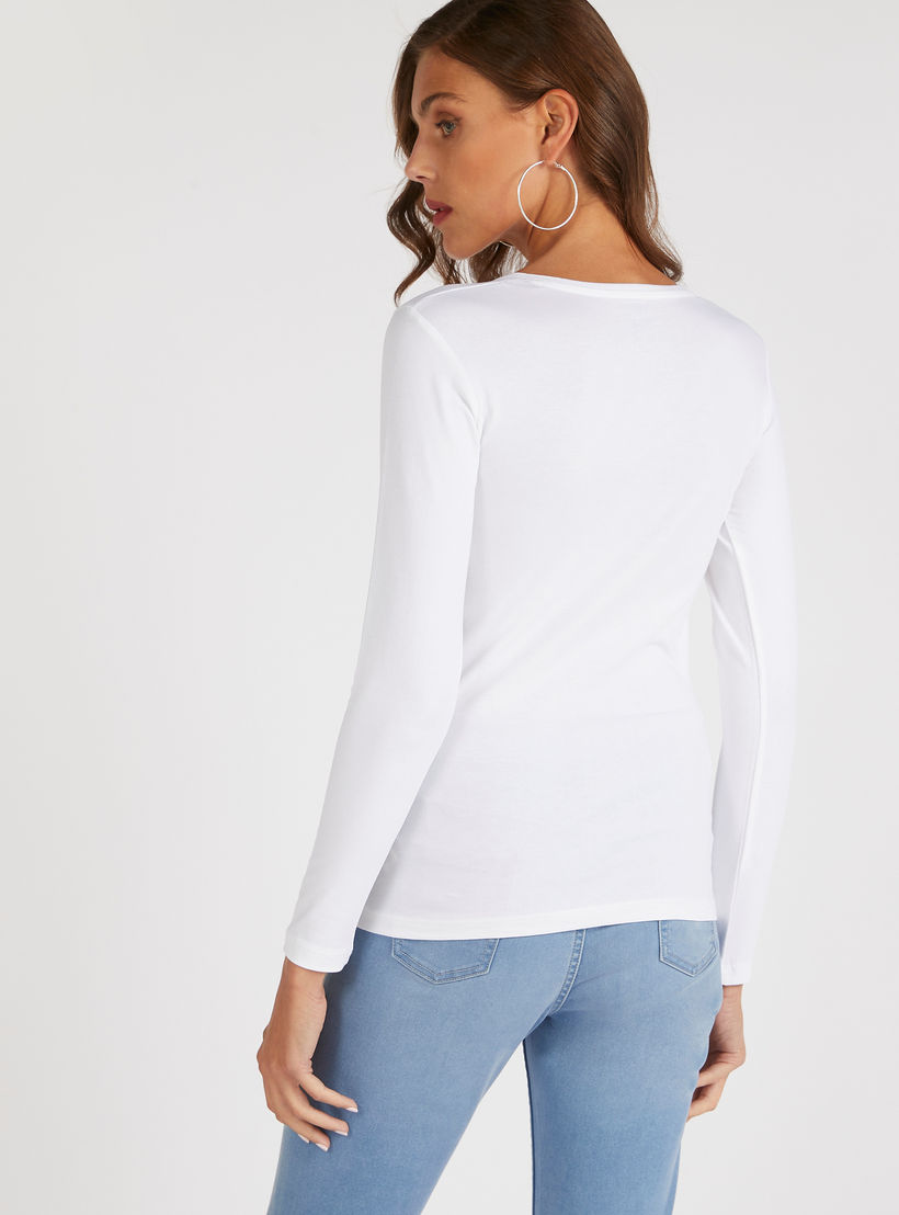 Solid V-neck T-shirt with Long Sleeves-women-clothing-tshirts-image-4