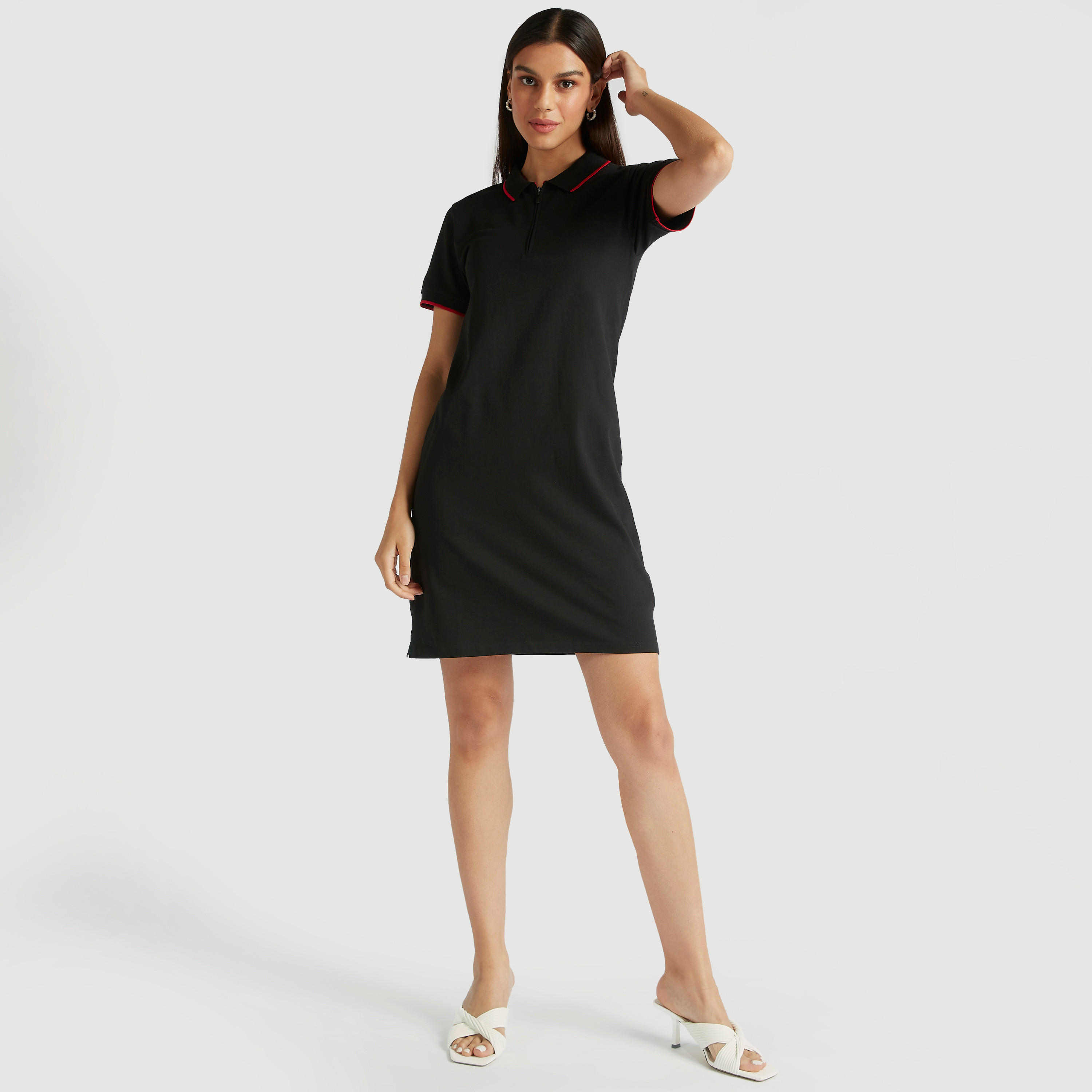 فستان تيشيرت بولو سادة بسحّاب إغلاق وأكمام قصيرة-women-clothing-dresses-image-1